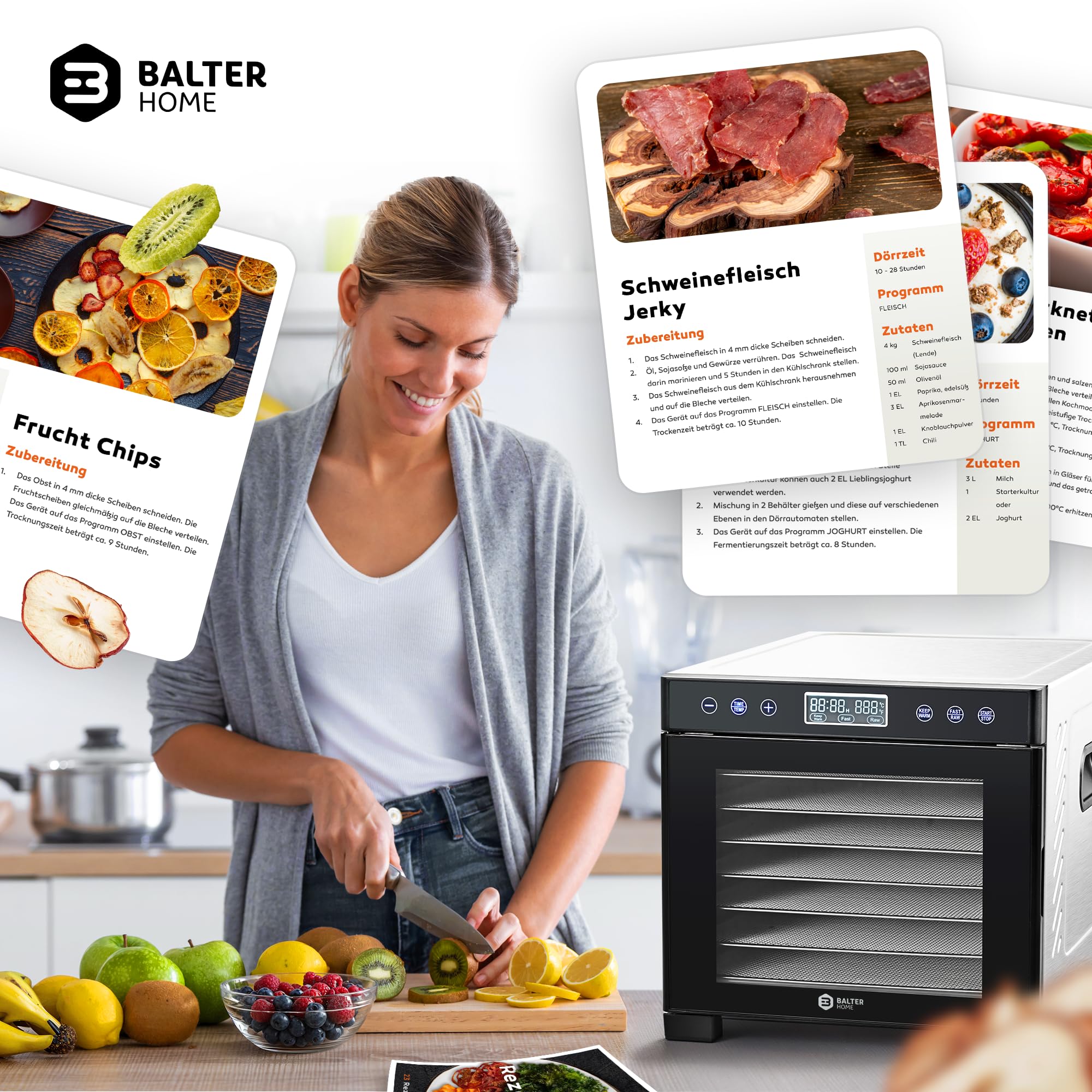 Balter Dörrautomat Edelstahl, Dörrgerät mit 7 Einlegefächern, BPA-frei, 600 W, 35°–75°C, Timer bis 48 Std, Dehydrator, Obsttrockner, Dörrapparat, Warmhaltefunktion, Obst Fleisch Pilze, Rezeptbuch