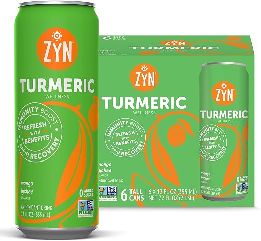 ZYN Turmeric Wellness Drink 6 Pack Mango Lychee Flavored Turmeric Curcumin with Black Pepper No Added Sugar Low Carb Low Calorie Clean Pastafina