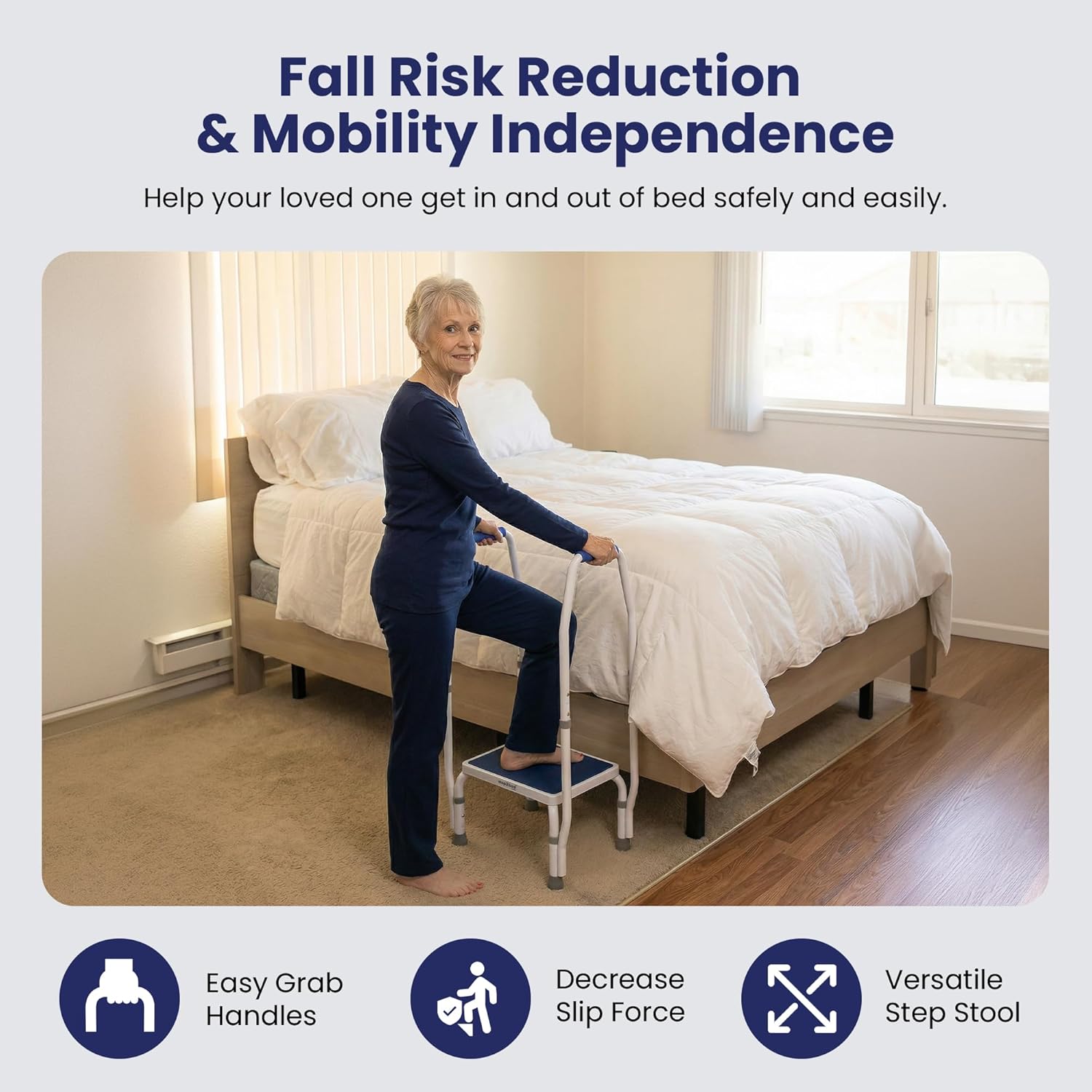 step2bed Mini Step Stool with Handle for Elderly - Adjustable Height for Seniors with Handicap Grab Bars - Use for Bed, Bathtub. Stainless Steel Portable Step Stool for Bed (300 LBS Capacity)