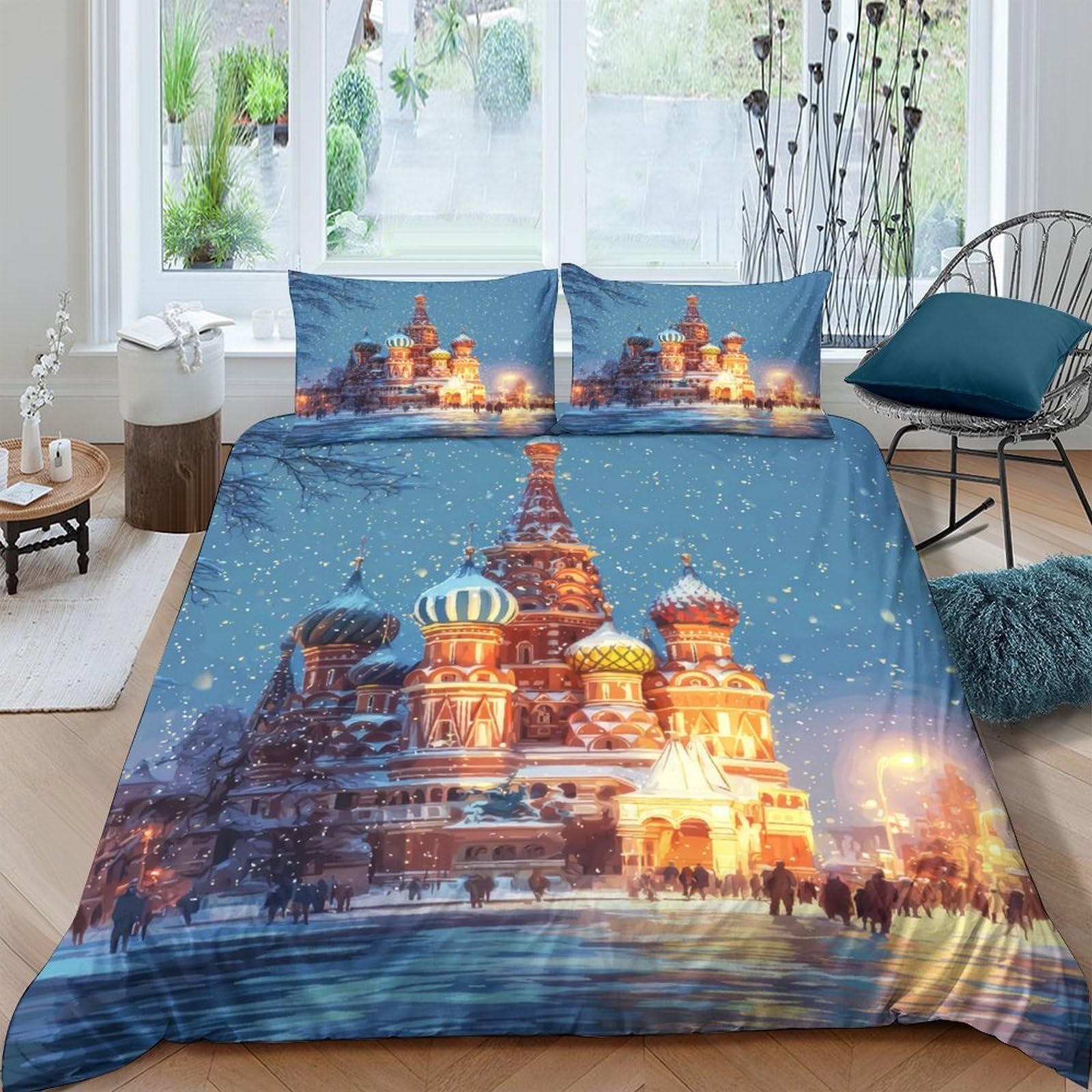 GPLZQXKJNH 3D Printed Cathedral Night Duvet Cover Microfiber Soft Breathable Landmark City Bedding Set with 2 Pillowcases for Bedroom Decor Single（135x200cm）
