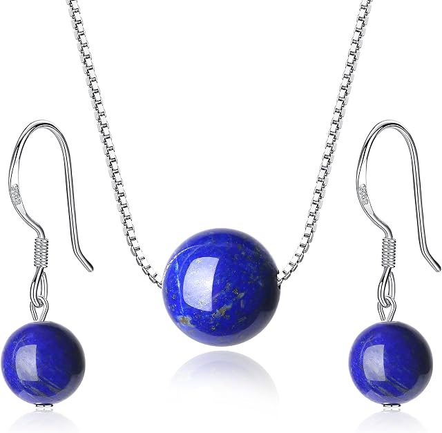 COAI Lapis Lazuli Stone 925 Sterling Silver Earrings Necklace Set for Womens Girls