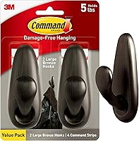 Command 5 lb Large Oil Rubbed Bronze Metal Hooks - 2 Damage-Free Coat Hooks & 4 Strips for Wall Hanging Decor