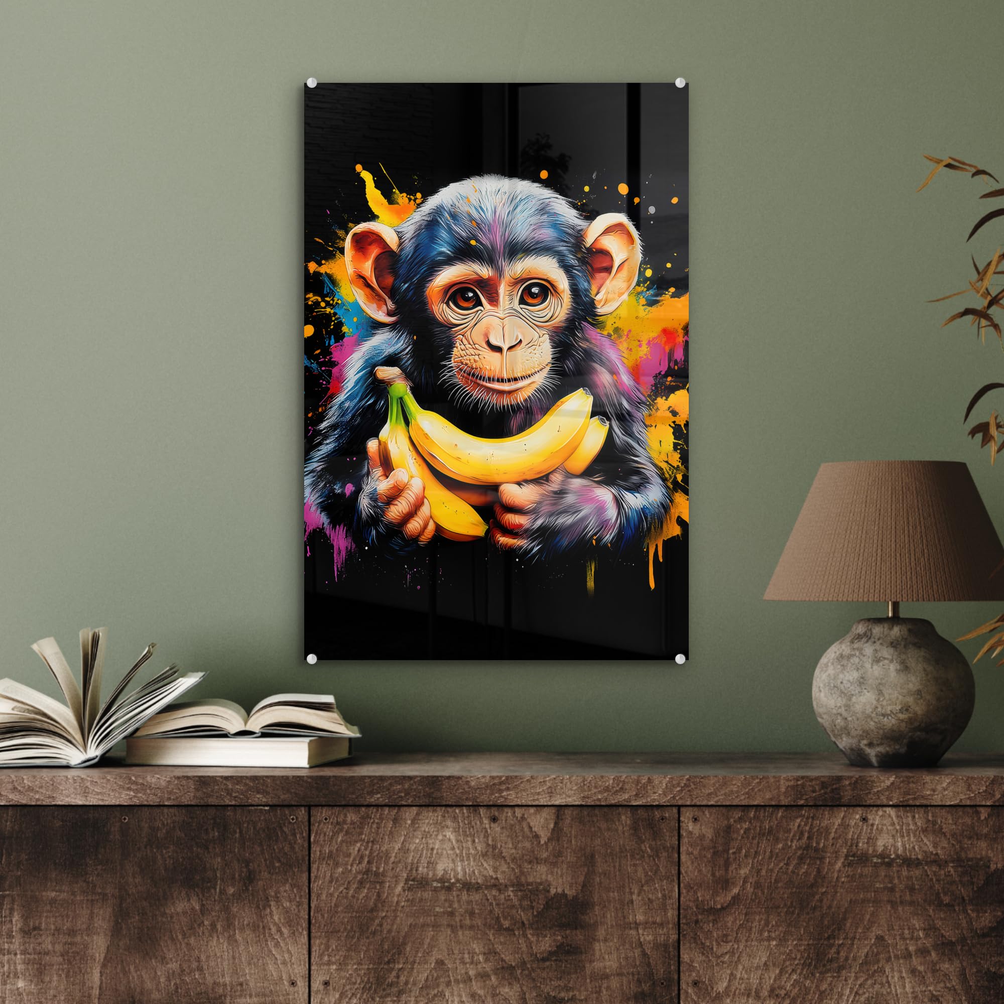 MuchoWow© Bild auf Glas 40x60 cm Schlafzimmer Bilder Badezimmer Wand Deko Wohnzimmer Modern Wanddeko Bilderwand Geschenk Affe - Graffiti - Bunt - Bananen - Modern