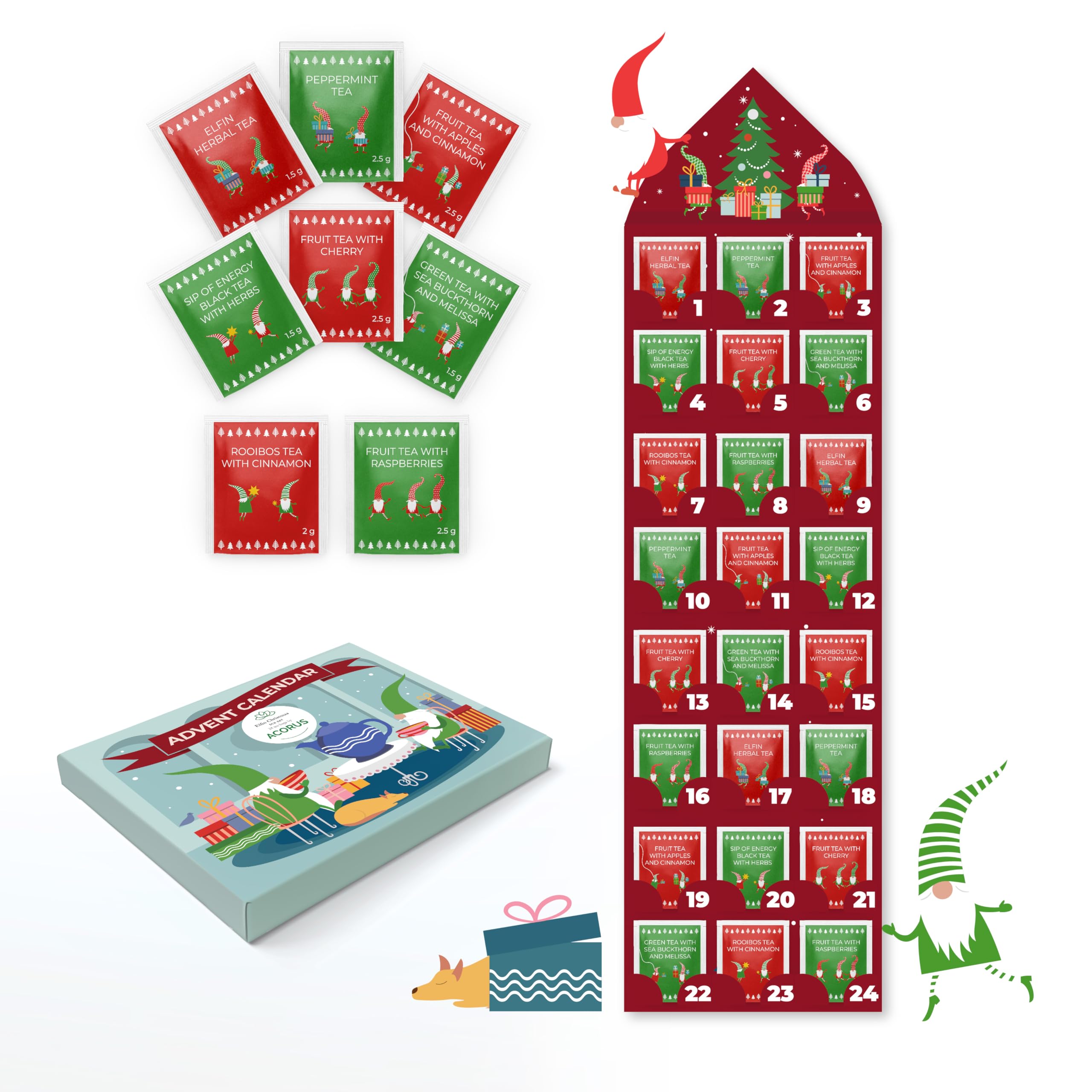 Calendario de Adviento 2025 Elfin de Té de Acorus, 24 Bolsitas de Té Navidad