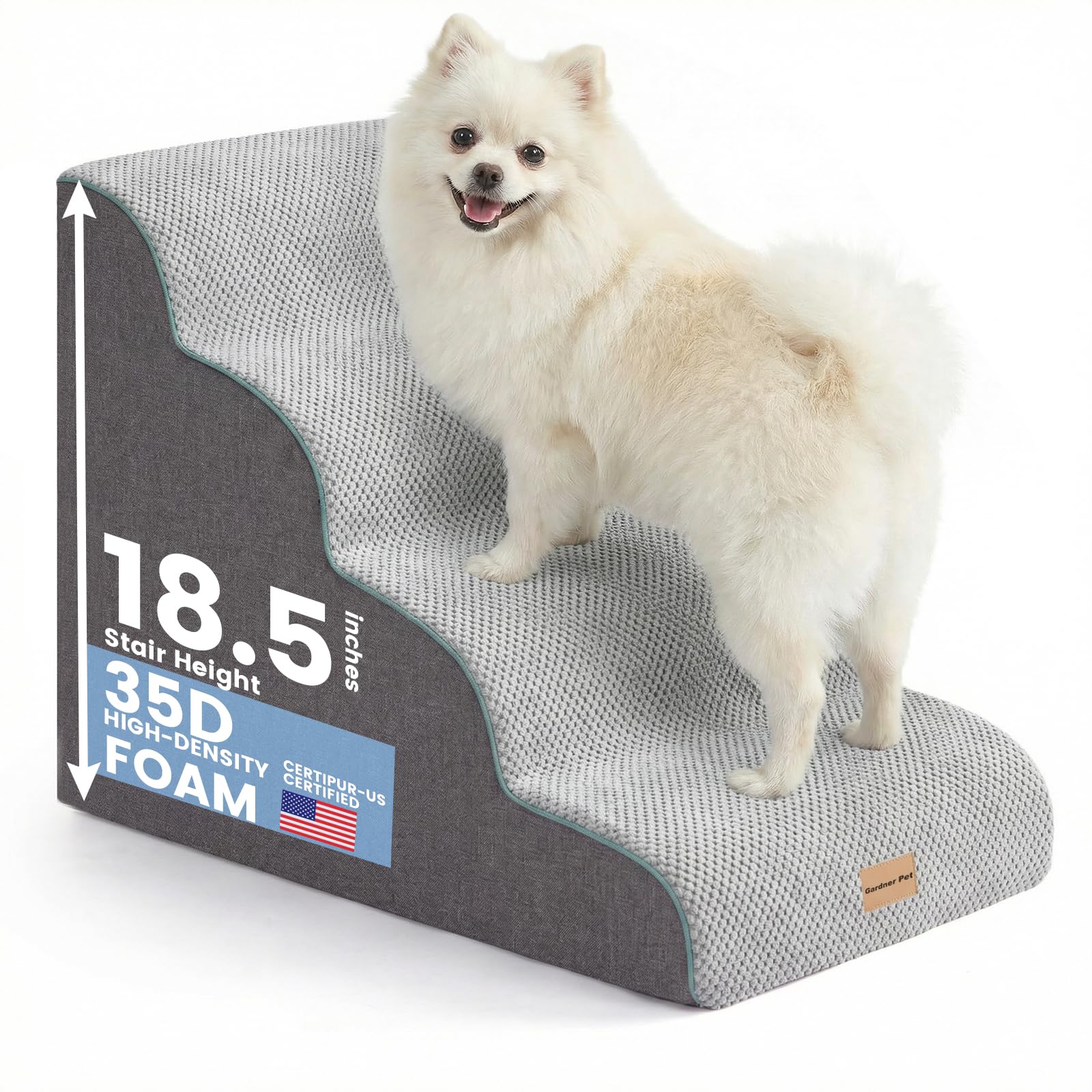 Photo 1 of Gardner Pet 4-Step Dog Stairs for Small Dogs 18.5" H, Curved 4-Step Pet Stairs, Dog Steps for High Bed (18-20 in), Couch with Durable Non-Slip Waterproof Fabric Cover and CertiPUR-US Certified Foam