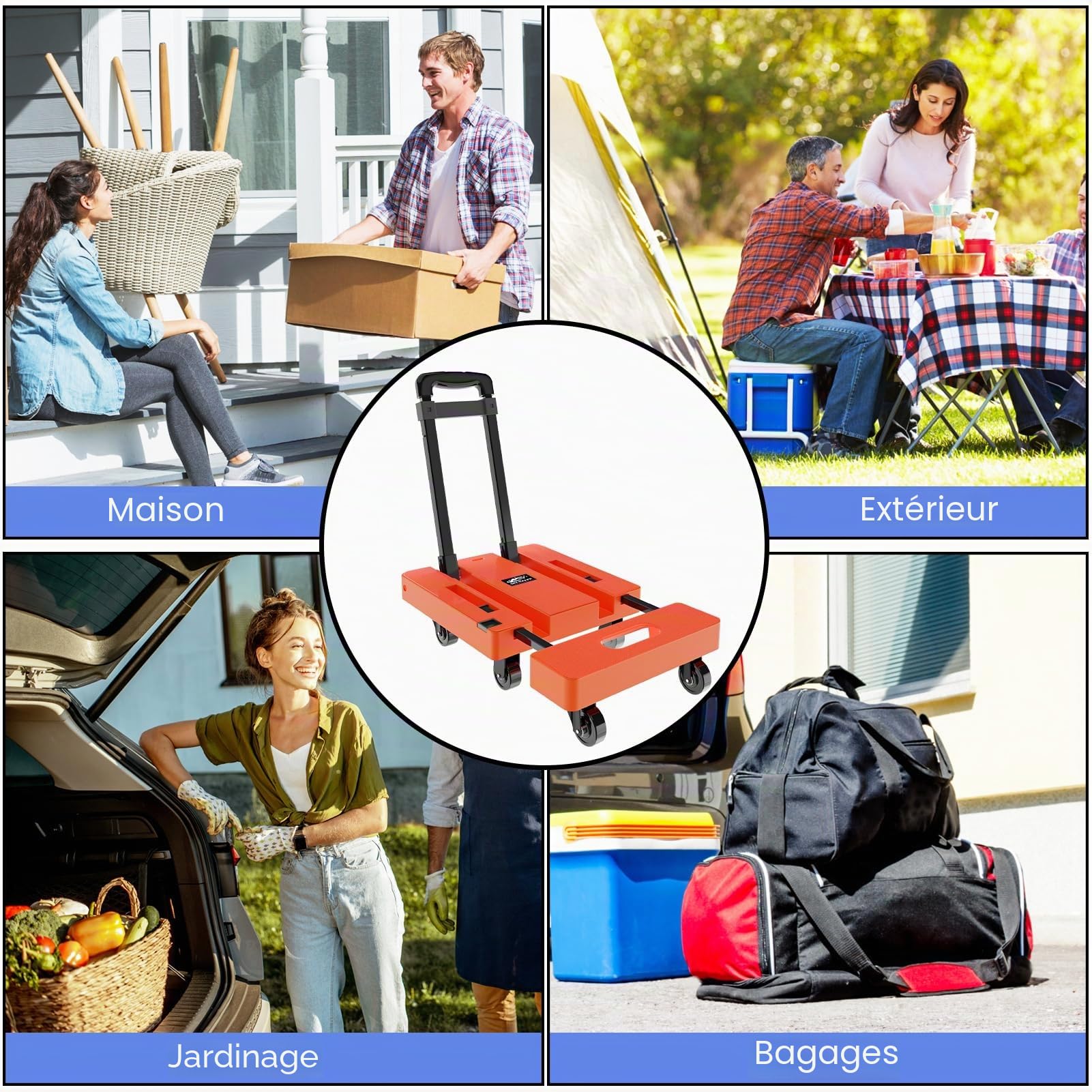 SOLEJAZZ Chariot Portable et Pliable d’Une capacité de Charge de 226,8 kg avec 6 Roues et 2 Sangles, Orange