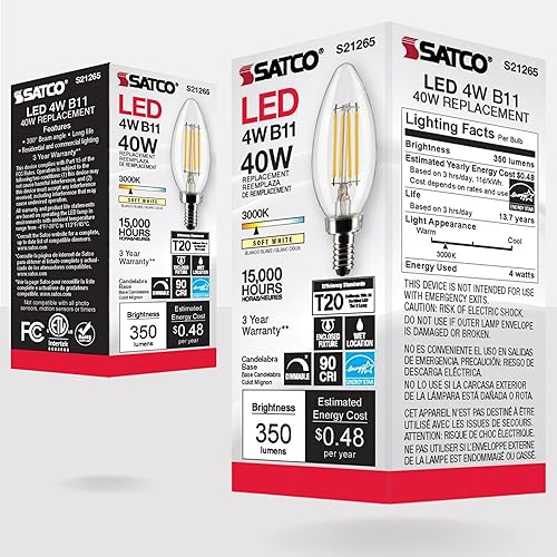 Miniatura 7 de Satco S21265 - Bombilla LED B11 de 4 W, 3000 K (2 bombillas)