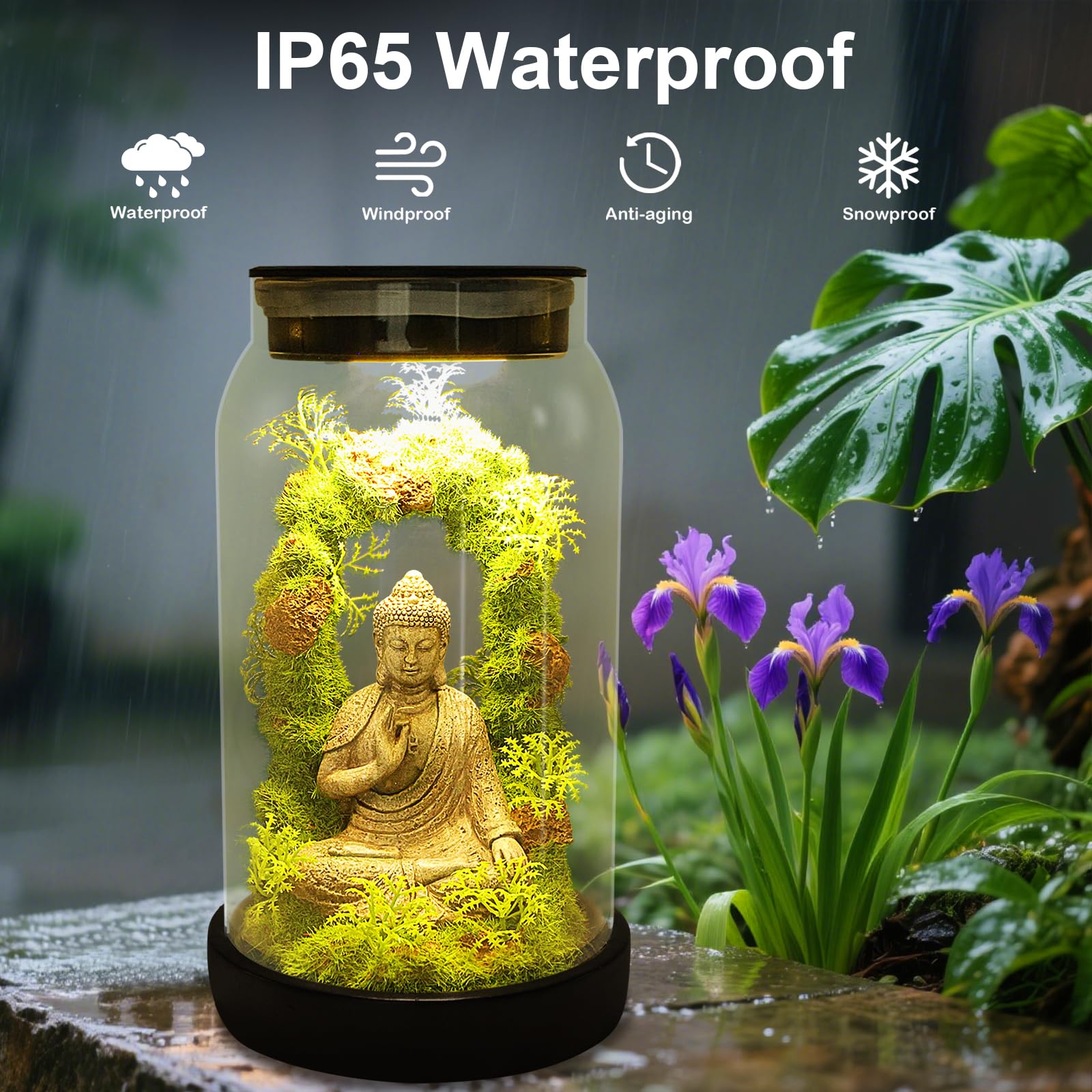 Statue de Bouddha de jardin solaire pour décoration d'intérieur – Sculptures de lumières solaires zen de 24 cm avec 15 LED, figurine de Bouddha assis, méditant, mousse sereine dans un pot pour