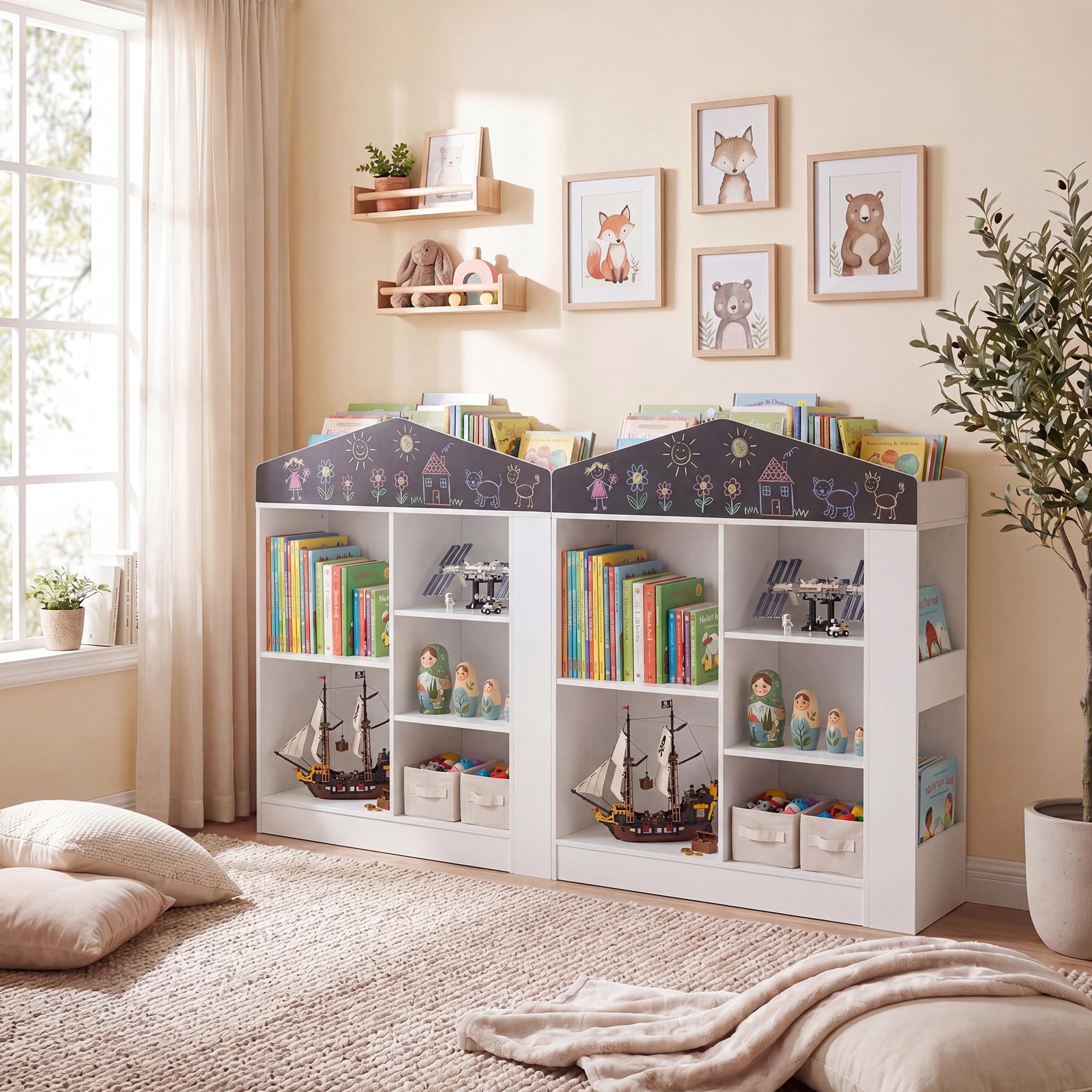 RELAX4LIFE Libreria Montessoriana per Bambini, Scaffale Portaoggetti con Scomparti e Lavagna, Libreria a Forma di Casa per Cameretta, Sala Giochi e Asilo Nido