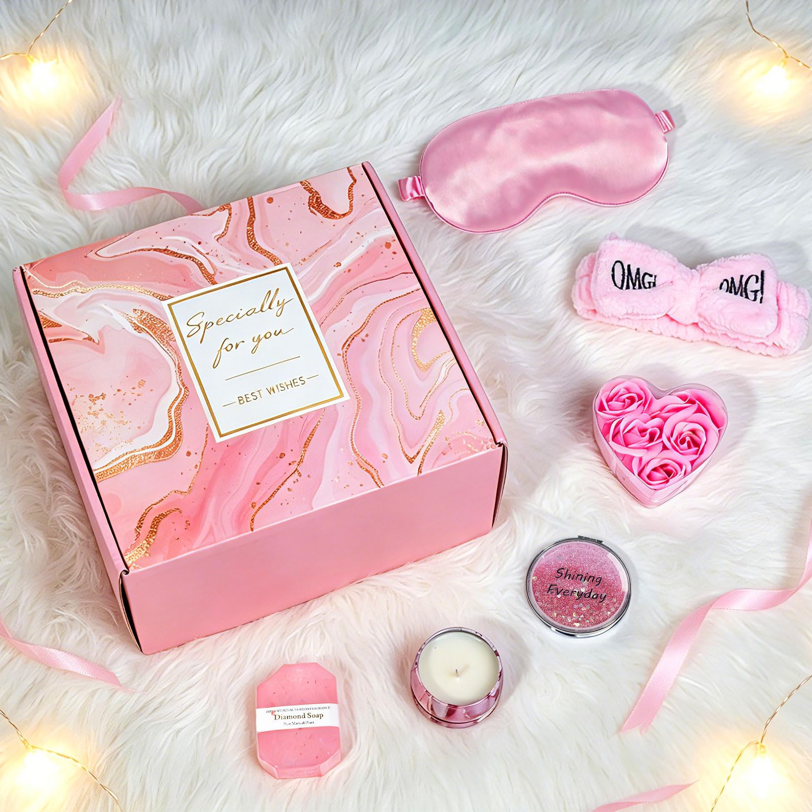 Pink Self Care Gift Basket for Women, 11-Piece Spa Gift Set