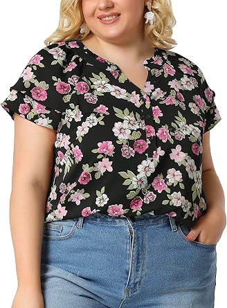 Agnes Orinda Plus Size Blouse for Women Layered Sleeve V Neck Floral Summer Tee Casual Tops Tunics