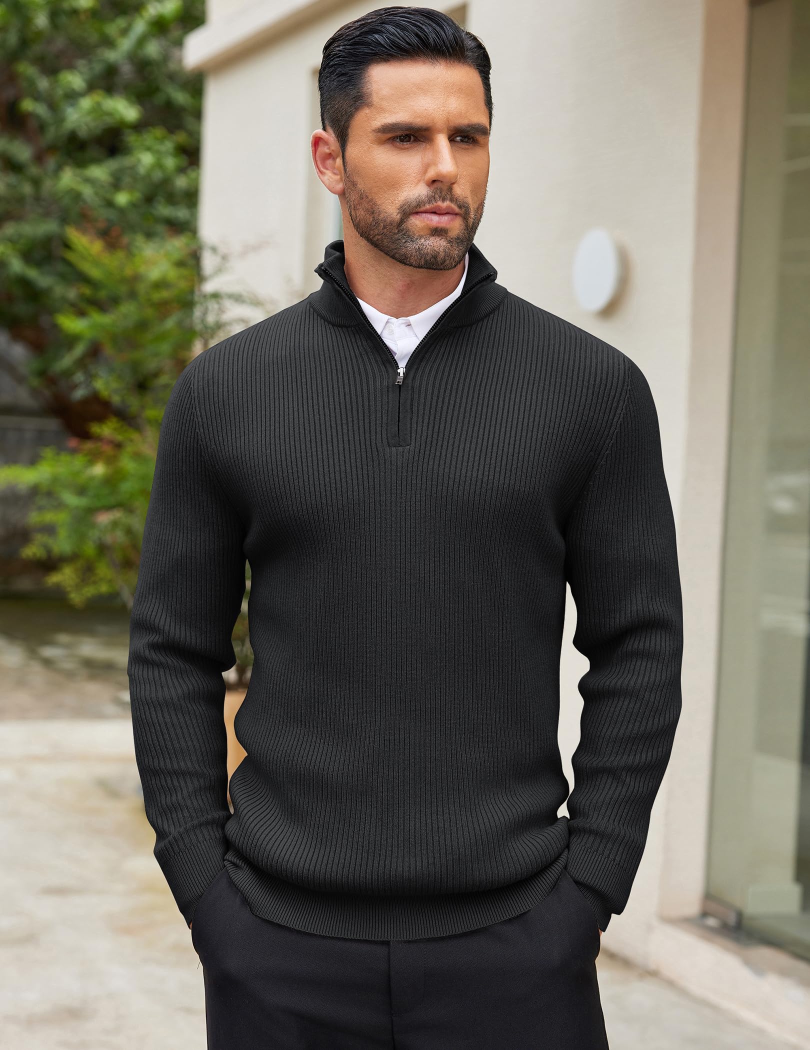 COOFAND Maglione Uomo a Maglia con Zip 1/4 Morbido Pullover Dolcevita Classico Maglia Invernale Regular Fit con Collo Alto
