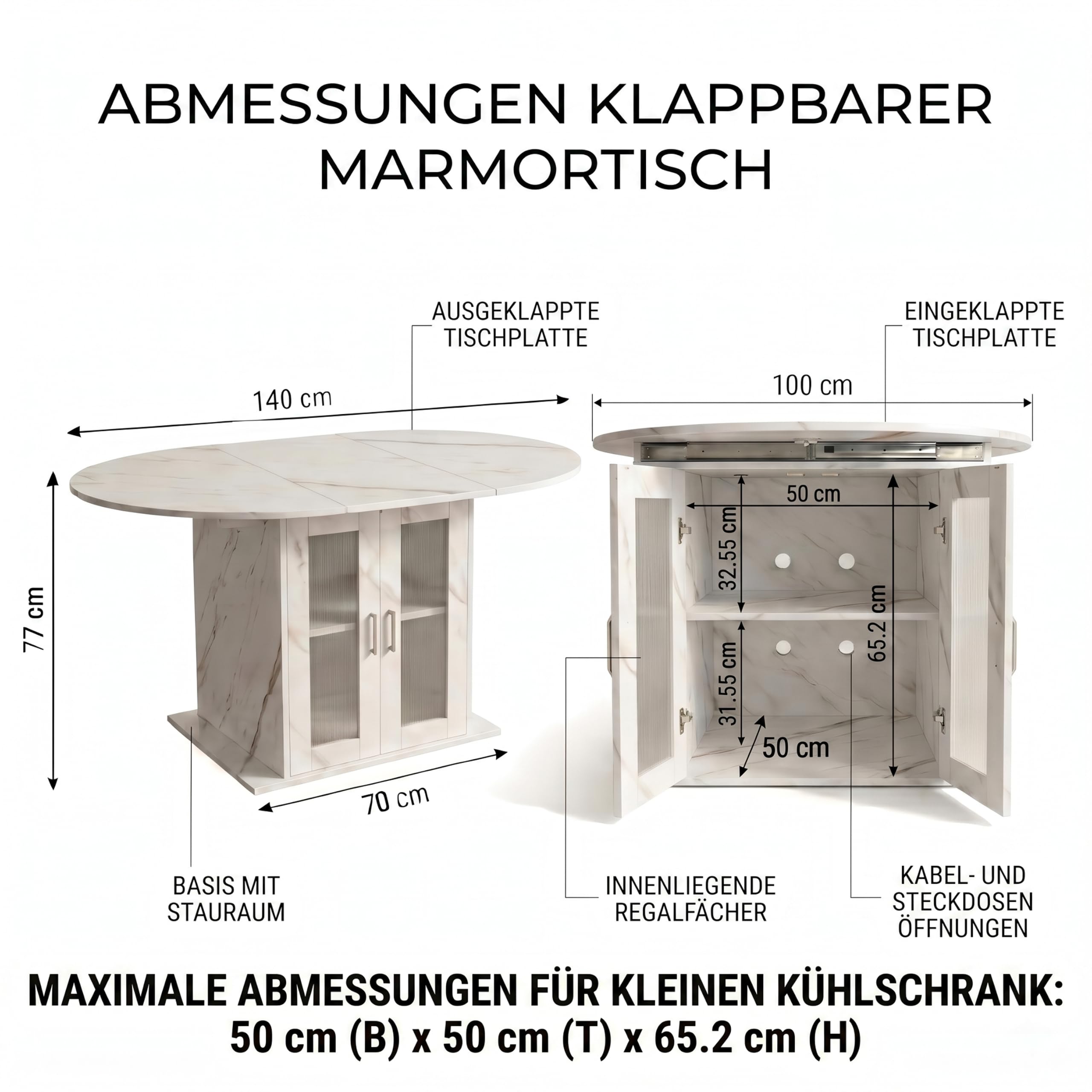 Ausziehbarer Esstisch Rund mit Weiße Marmormuster, 100/140x100x77cm
