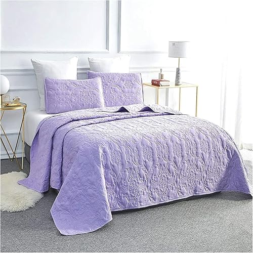 Saranya 18 Shop - Juego de edredón moderno de 3 piezas de color morado, funda de almohada en relieve, ropa de cama en relieve, ropa de cama en