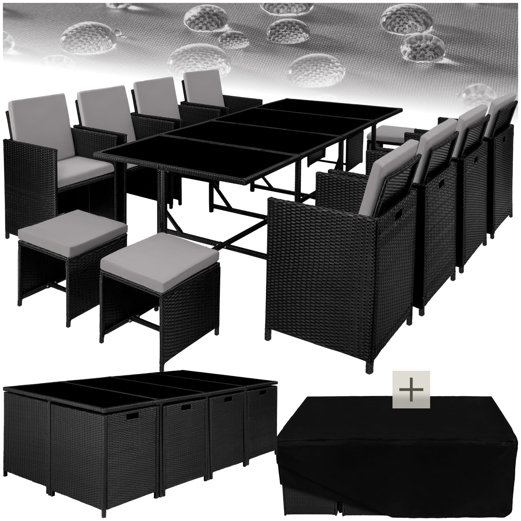 TecTake® Juego de Muebles de Jardín en Ratán, Conjunto Comedor para Jardín Exterior, 8 Sillas, 4 Taburetes, 1 Mesa, Set de Muebles de Mimbre para Terraza o Patio, con Cojines y Fundas- Negro