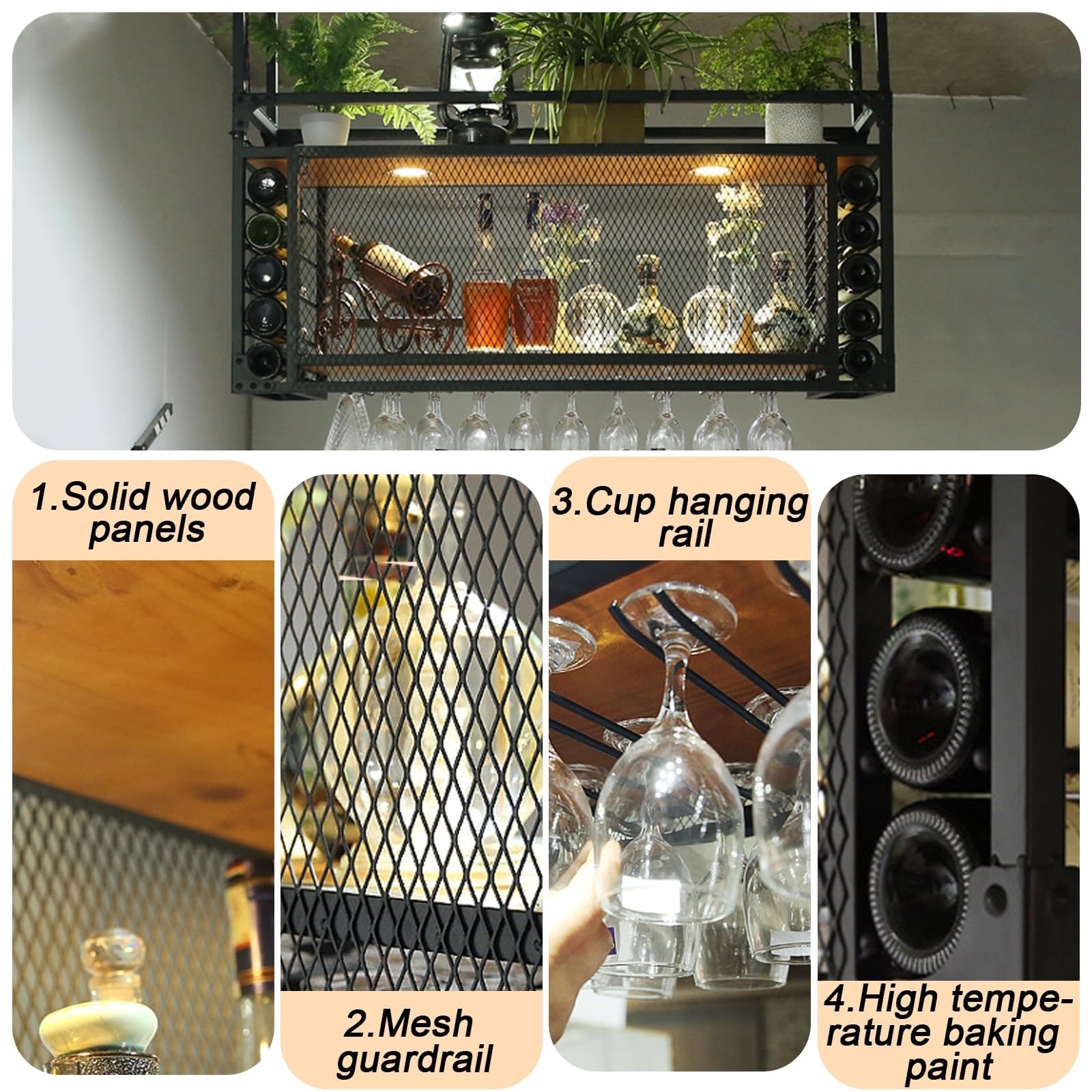 80CM Portabottiglie a soffitto con luci LED BLACK | Portabottiglie Metallico Stile Industriale, Supporto Installabile a Soffitto o Parete per Bar Casa Sala da Pranzo