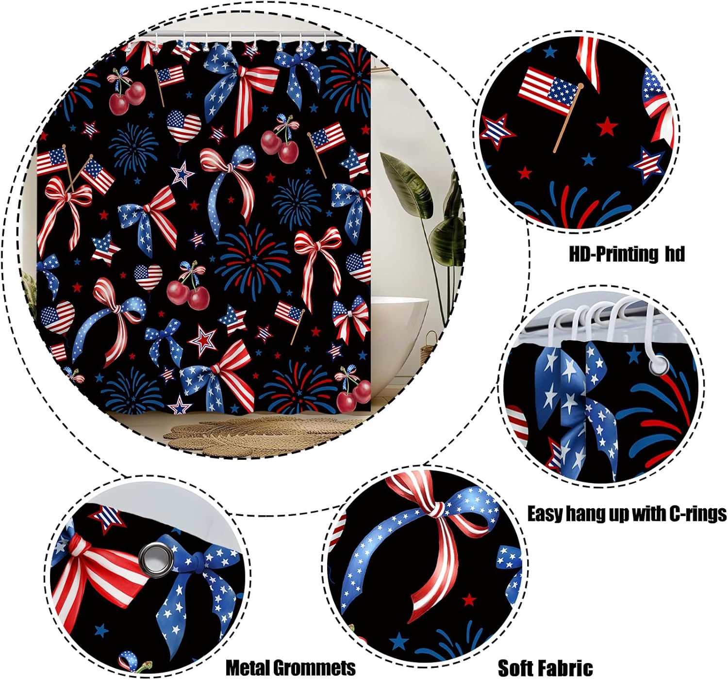 4th of July Shower Curtain 70" Wx96 H,Flag with Bows American Patriotic Independence Day Red Blue White Farbic Bathroom Decor with Hook