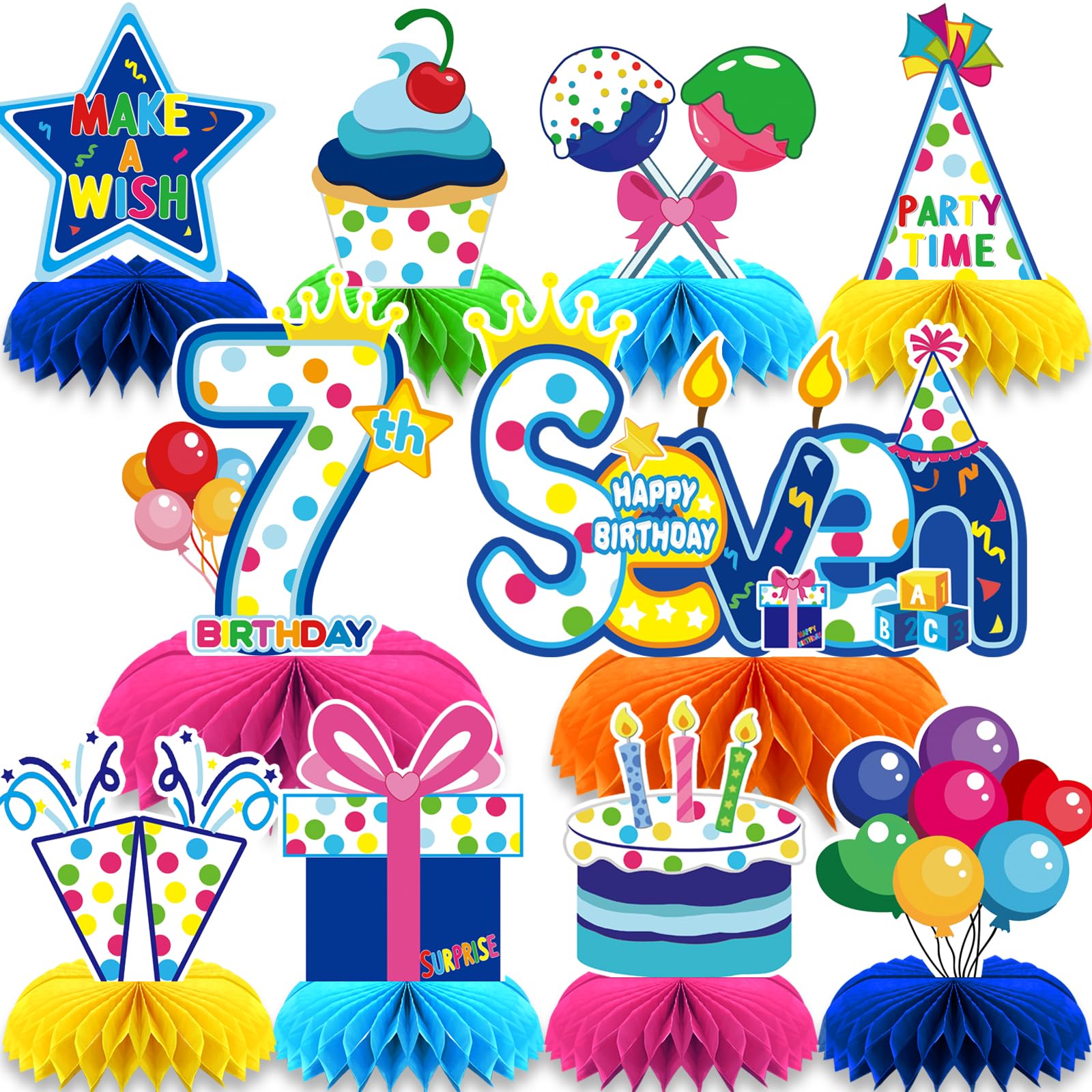 10 Pieces Happy Birthday Decorations Set,3D Table Toppers Double Sided Stand Cards for Party Supplies,Colorful Birthday Themed Honeycomb Centerpiece.