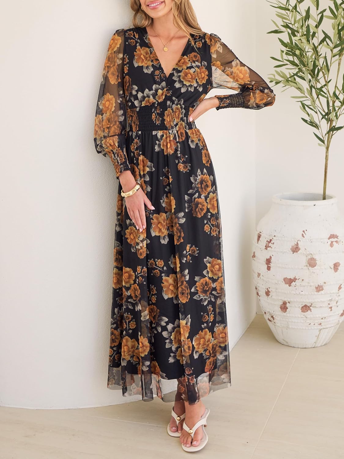 ANRABESS Women's Floral Maxi Dress 2025 Fall V Neck Puff Long Sleeve Flowy Casual Wedding Guest Tea Party Tulle Dresses - Image 5