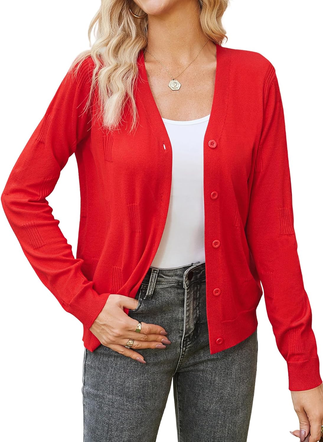 Yekaty Womens Lightweight Button Up Cardigans Long Sleeve Open Front V Neck Cropped Cardigan Sweaters - Image 2