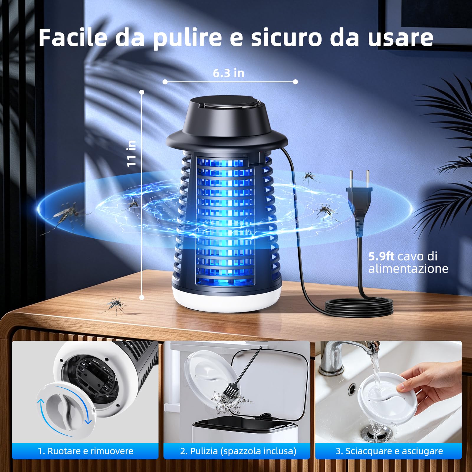 Lampada Antizanzare, Lampada per Zanzare 4250V con Tenuta IPX4, Luce UV 20W e Illuminazione a LED, Ammazza Zanzare Elettrico per Camera da Letto Interni Terrazza Giardino sul Retro