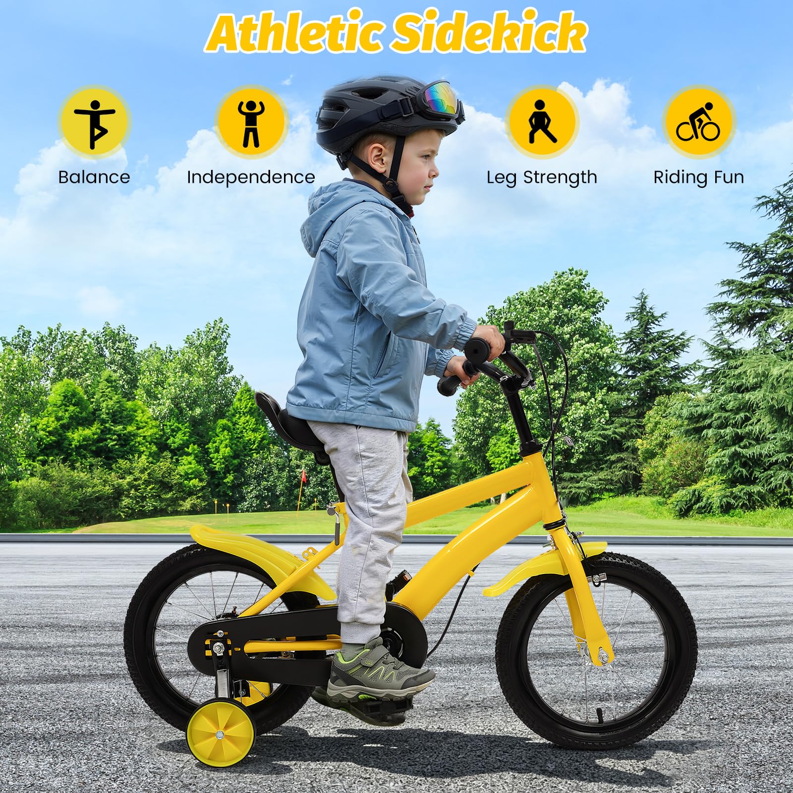 Vélo pour enfant 14" pour garçons et filles, jaune et noir, avec siège réglable de 43 à 49 cm, léger pour débutant, design moderne, à partir de 3 ans