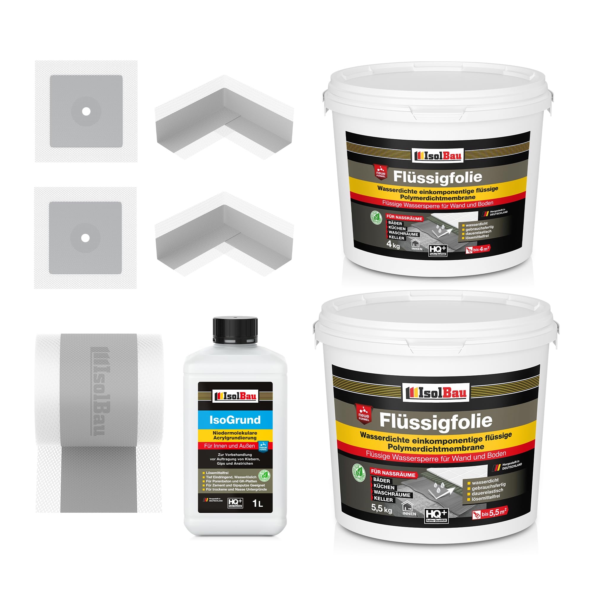 Isolbau Dicht-Set - Inkl. 1x Flüssigfolie (9,5 kg), 1x Grundierlösung (1 L), 1x Dichtband (5 m), 2x Innenecken & 2x Manschetten