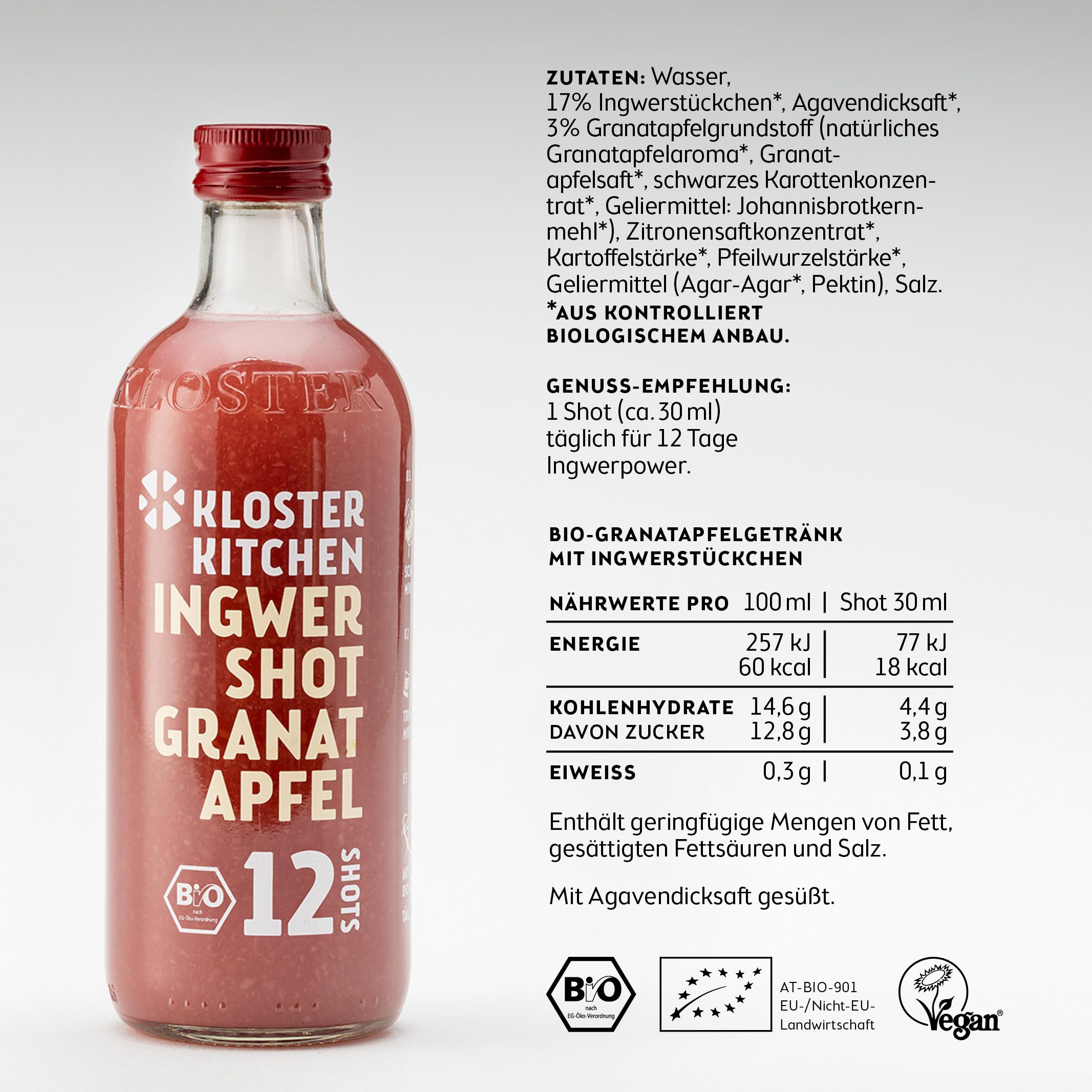 Kloster Kitchen Jengibre Shot 12SHOTS 6 x 360 ml, con trozos de jengibre, vegano