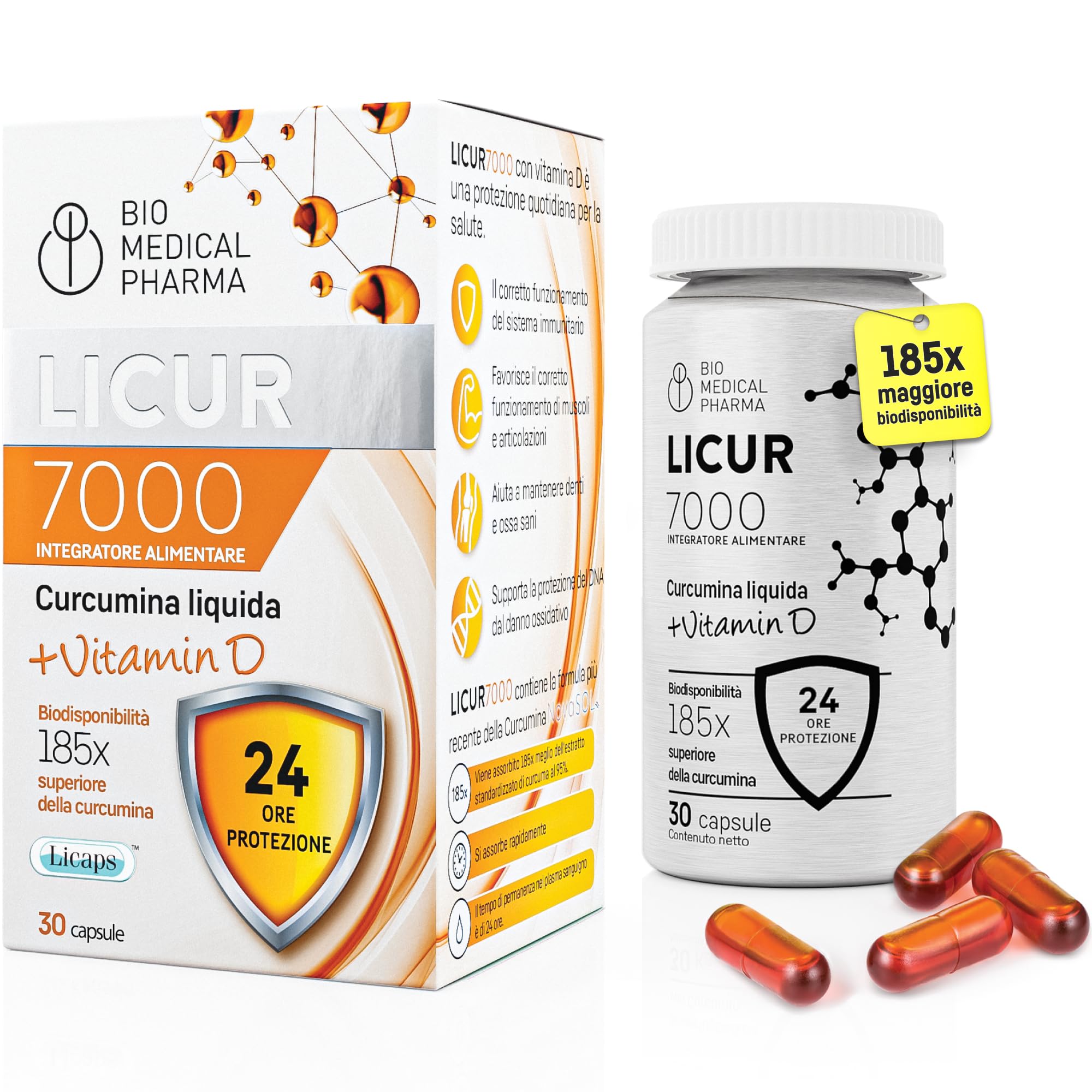 Curcuma capsule alta concentrazione - 185x biodisponibilità, curcumina micellare NovaSOL con vitamina D3, senza piperina (30 capsule)