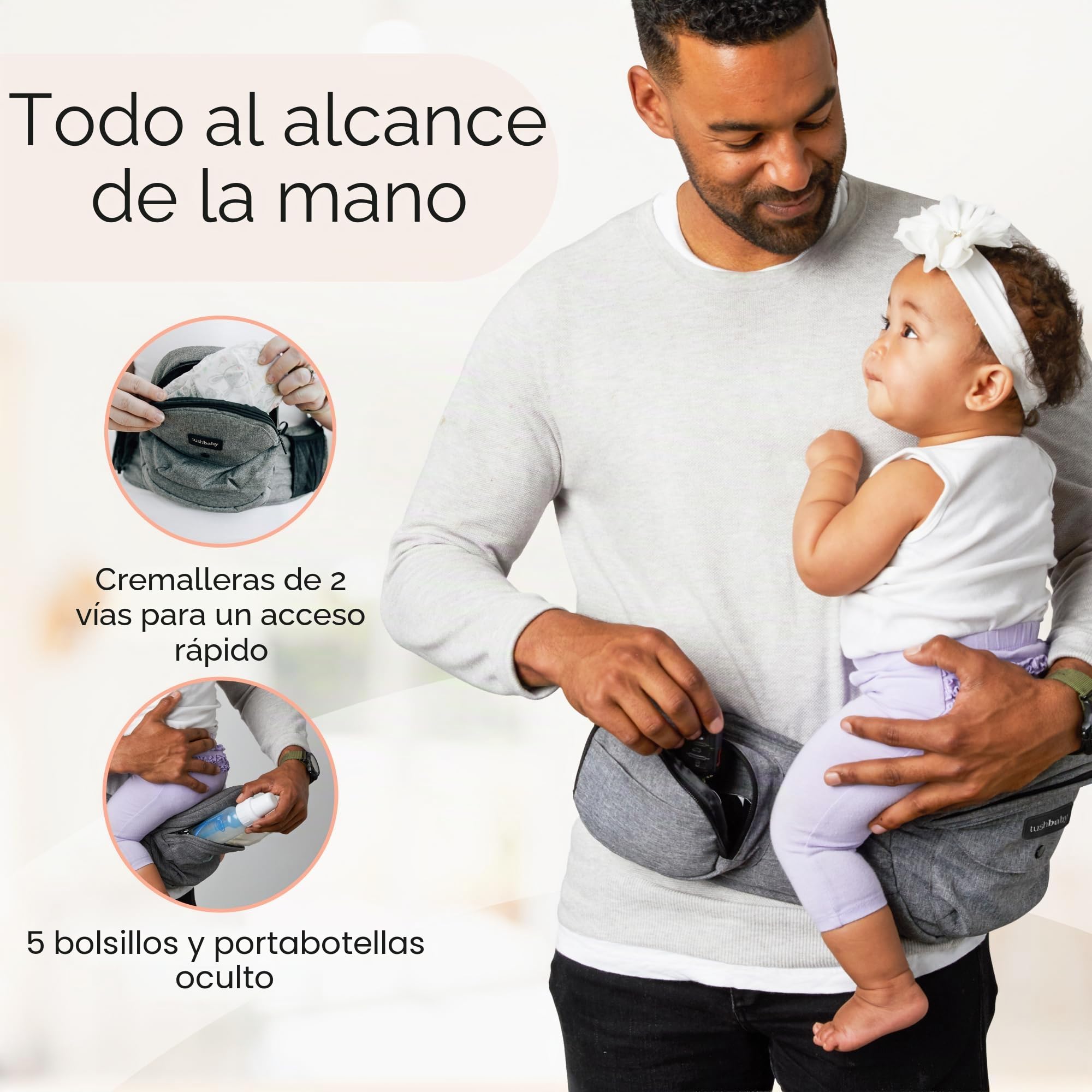 Tushbaby - Mochila Portabebés Ergonómica 0-36 Meses - Cinturón Portabebés Ligera, Con 5 Grandes Bolsillos - Recomendada Por Pediatras - Con asiento con Espuma de Memoria y Certificado De Seguridad