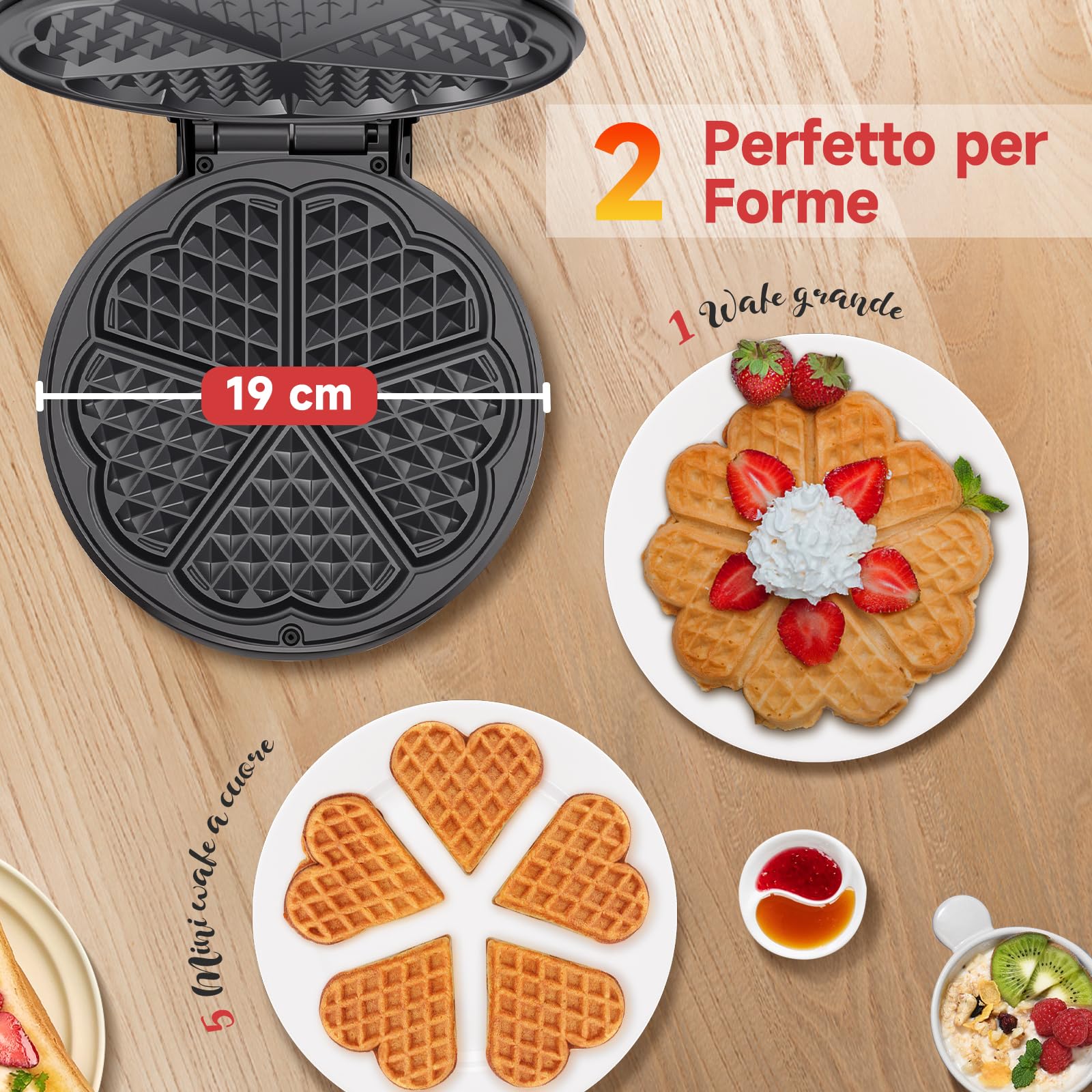 Aigostar Macchina per Waffle a 5 Cuori, 1000W, Piastre Antiaderenti da 19 cm, Cottura Regolabile, Indicatore LED, Maniglie Antiscottatura, Design Compatto in Acciaio Inossidabile, BPA FREE, Crunchy