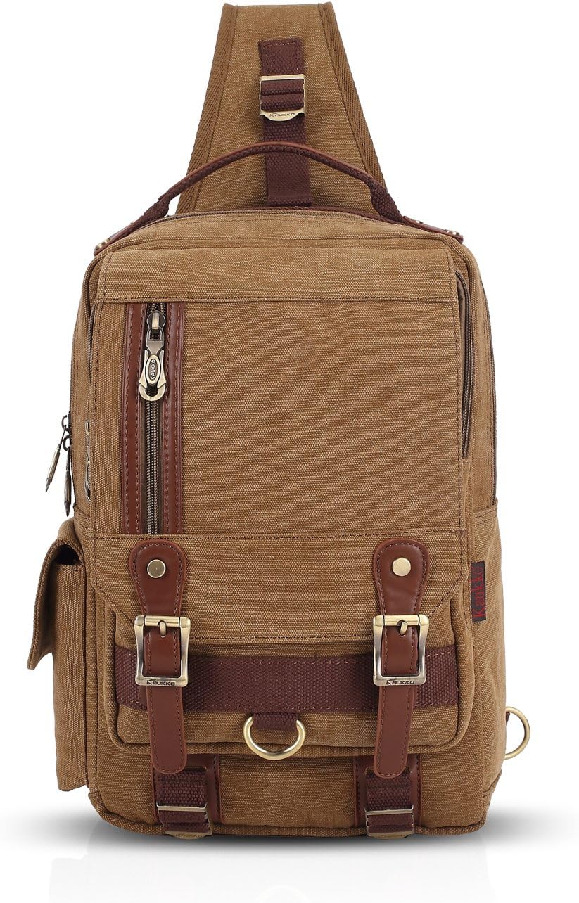 FANDARE Vintage Sling Bag Messenger Bag One Shoulder Backpack Crossbody Bag ipad Bag Travel Bag Large Canvas Brown