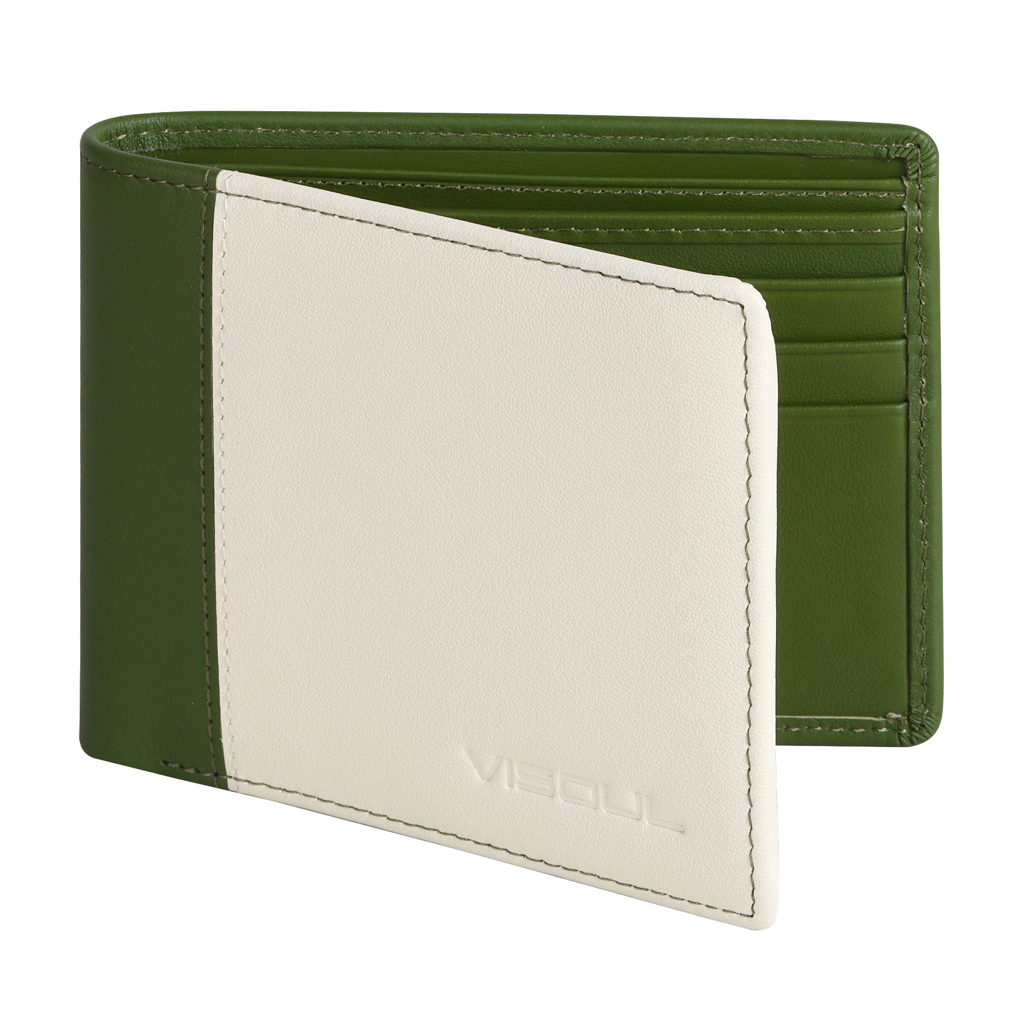 VISOULLeather Bi-fold Wallets for Men with RFID Blocking Two Tone, Compact Men¡¯s Wallet with 1 ID Window and 2 Cash Compartments (White and Green)