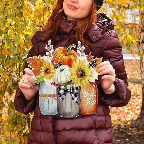 Miniatura 9 de decalmile 2 piezas de gnomos de bienvenida de otoño, arte de pared de madera de calabaza de Acción de Gracias, adornos de pared, cosecha de otoño,