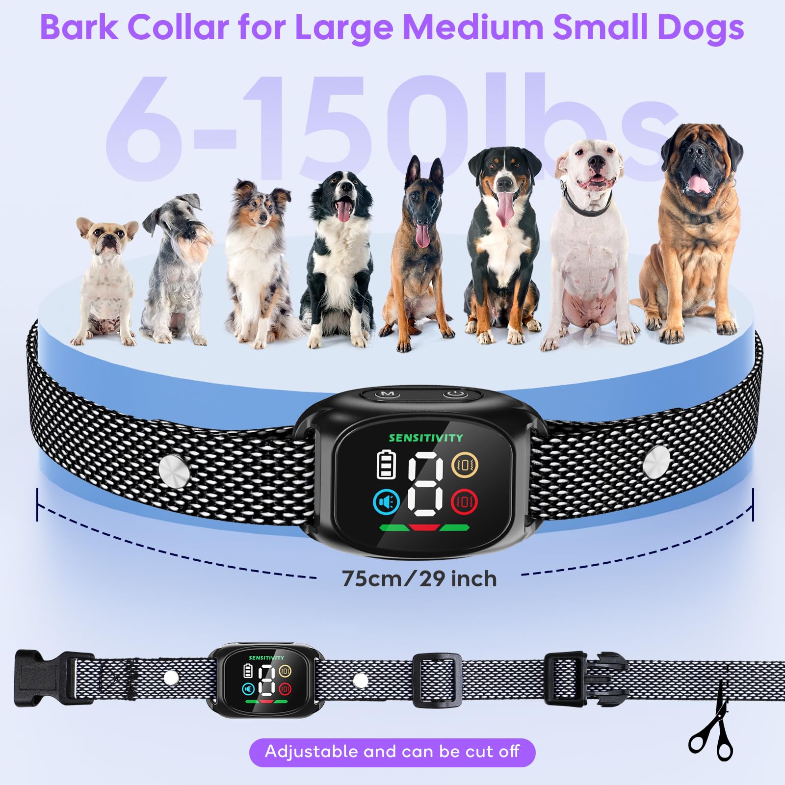Collar Antiladridos Perros Grande Mediano Pequeño, Collar Adiestramiento para Perros 6-150lbs, 8 Niveles de Sensibilidad, 4 Modos de Sonido y Vibración, Resistente al Agua IP67 y Recargable