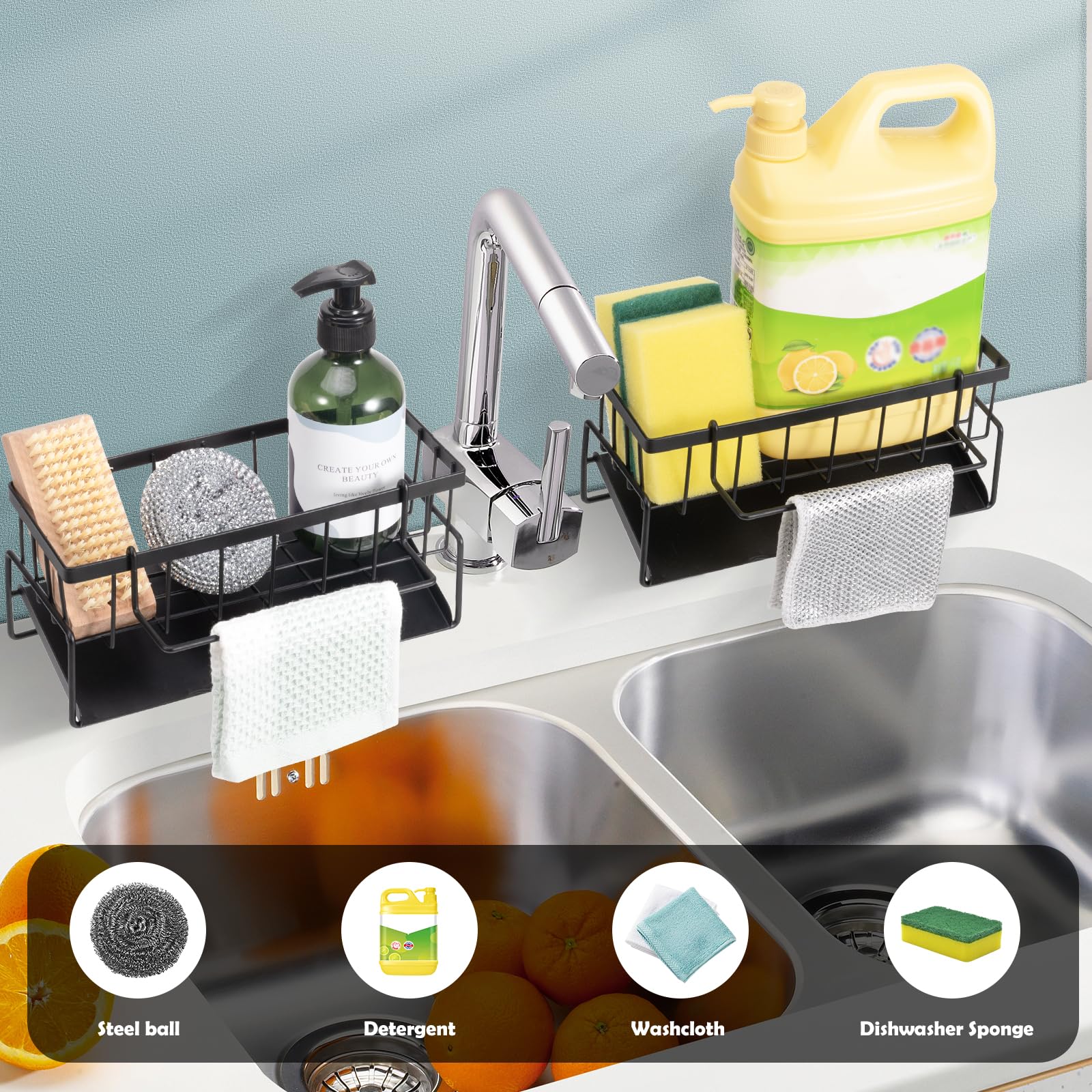 Organizer per lavello da cucina in metallo nero, supporto per