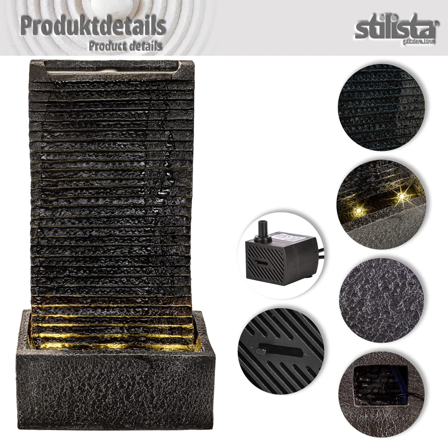 STILISTA Gartenbrunnen Wasserfall 49 x 28 x 20 cm, mit LED Beleuchtung, inklusive Pumpe
