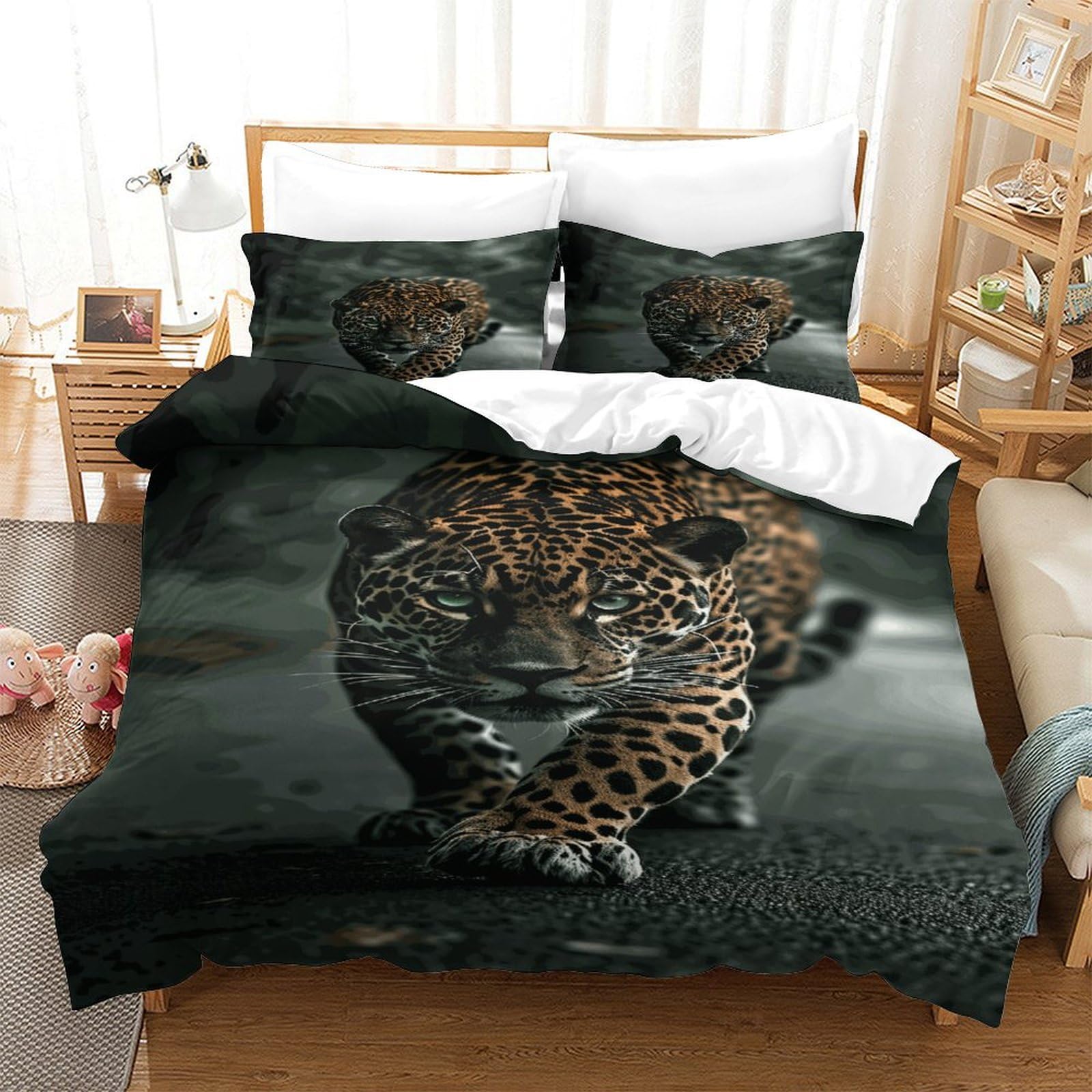 P1s9u7w5y Jaguar Bold Leopard 3D Printed Duvet Cover Set 3Pcs Microfiber Wild Animal Bedding Set Double（200X200cm）
