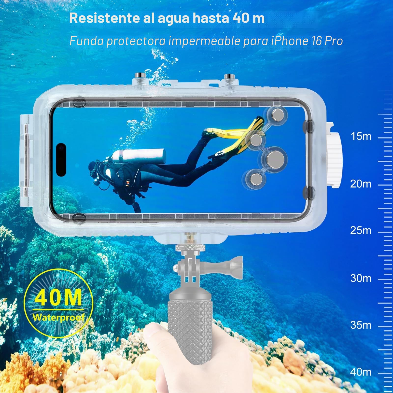 PULUZ Funda Impermeable de 40 m para iPhone 16 Pro, Cubierta Profesional de Buceo Submarino para fotografía y Video 16 Pro(no para is26)