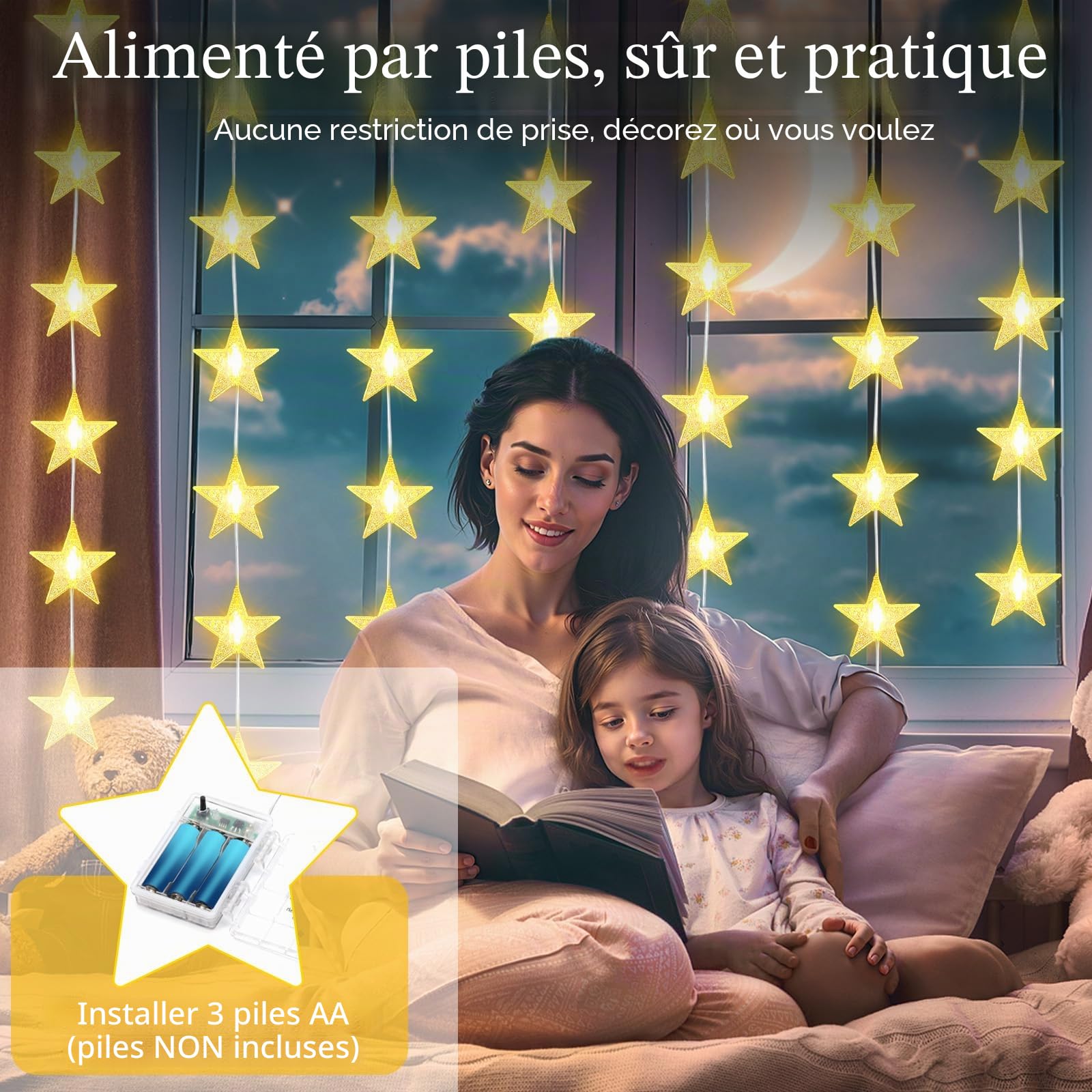 Lewondr 40 LED Guirlande Lumineuse Rideau De Noël, 6PCS Guirlandes Suspendues Avec Minuterie 6H & 8 Modes, Guirlande Sur Piles Pour Décoration Intérieure Chambre Noël Mariage Fête, Lumière Chaude