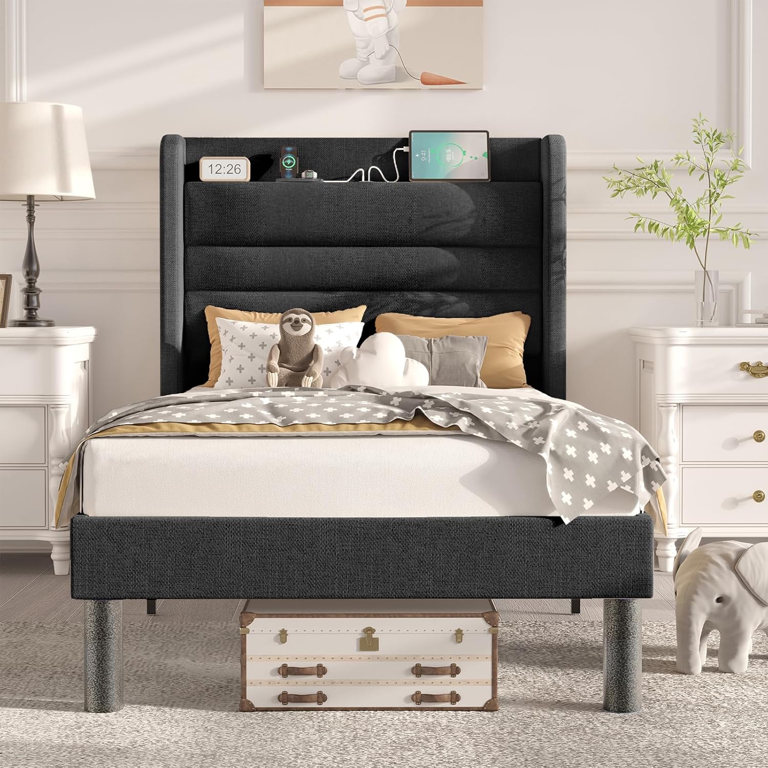 Flolinda Twin Bed Frame with Dark Gray Upholstery, Wingback Headboard, and Integrated Charging Station.