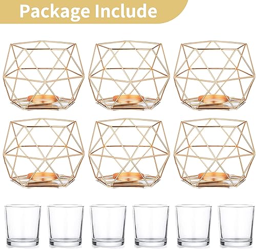 Miniatura 11 de Nuptio Portavelas geométrico para velas de té, juego de 12 portavelas votivas para velas de pilar de candelita, soporte de vela dorado para centros