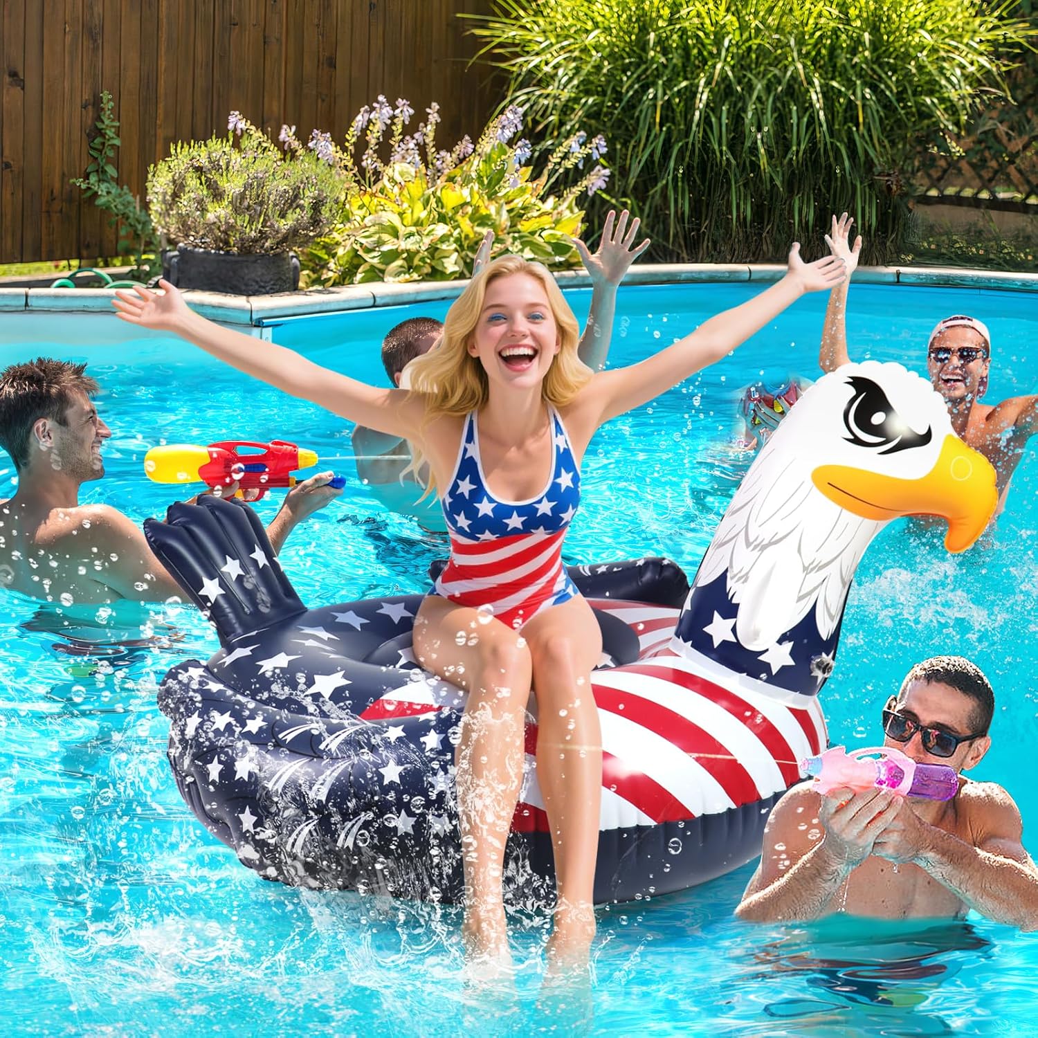 Patriotic American Flag Eagle Pool Float - 4th of July Pool Floats,Funny Bird Animal Bald Eagle Beach Water Lake Boat Recliner Adult Kids Toy,Fourth of July Swimming Party Ride Large Inflatable Raft