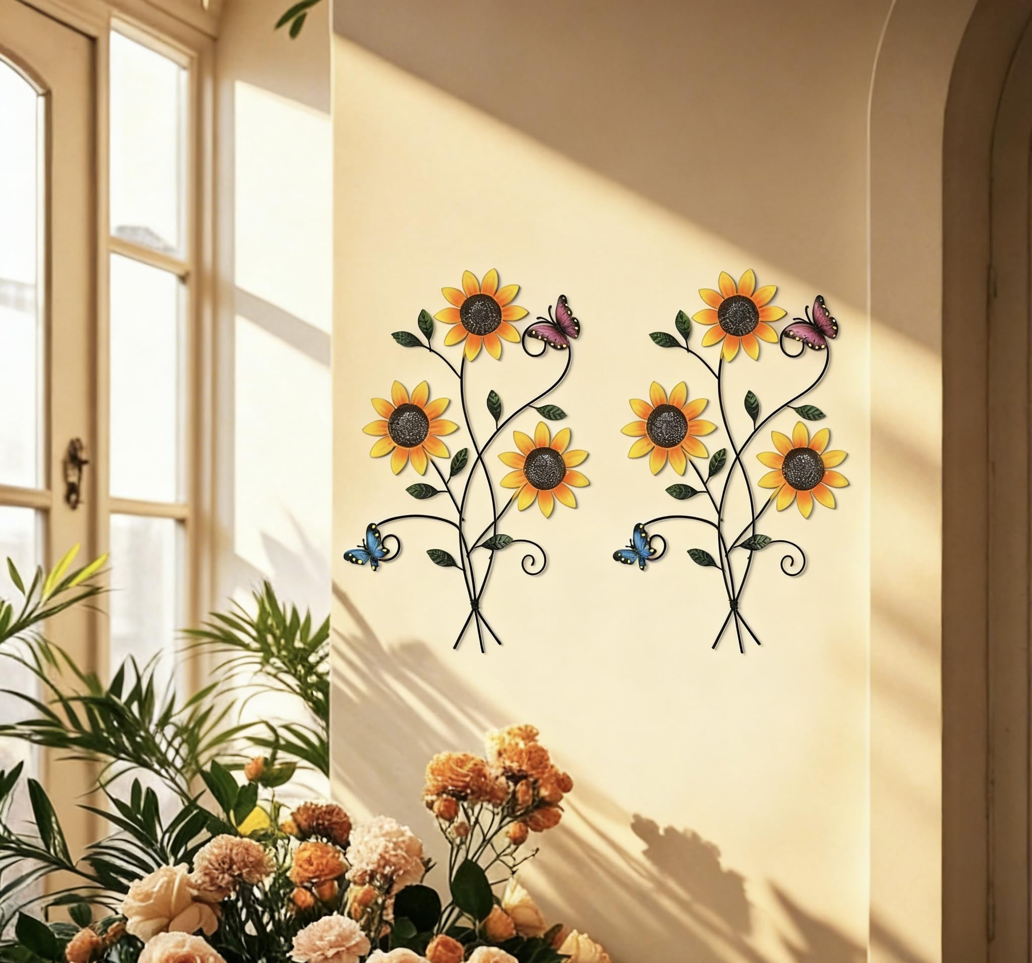 DETENE Metall Blumen Wanddeko Wanddeko aus Metall mit Schmetterlingen Floral Minimalist Line Art für Wohnzimmer, Schlafzimmer,Outdoor, Garten Flur Balkon (Rosa)