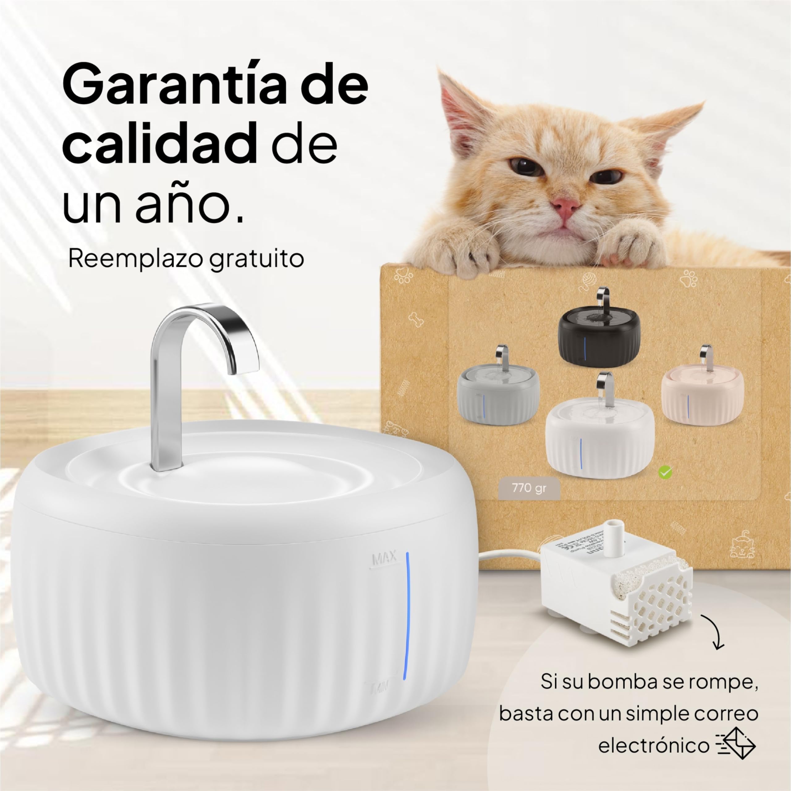 Pretty Paw Fuente de Agua para Gatos 3L con Indicador LED MIN/MAX - Funcionamiento Silencioso y Fácil Limpieza, Bebedero Automático con Filtro para Interior - Aquaflow (Blanco)