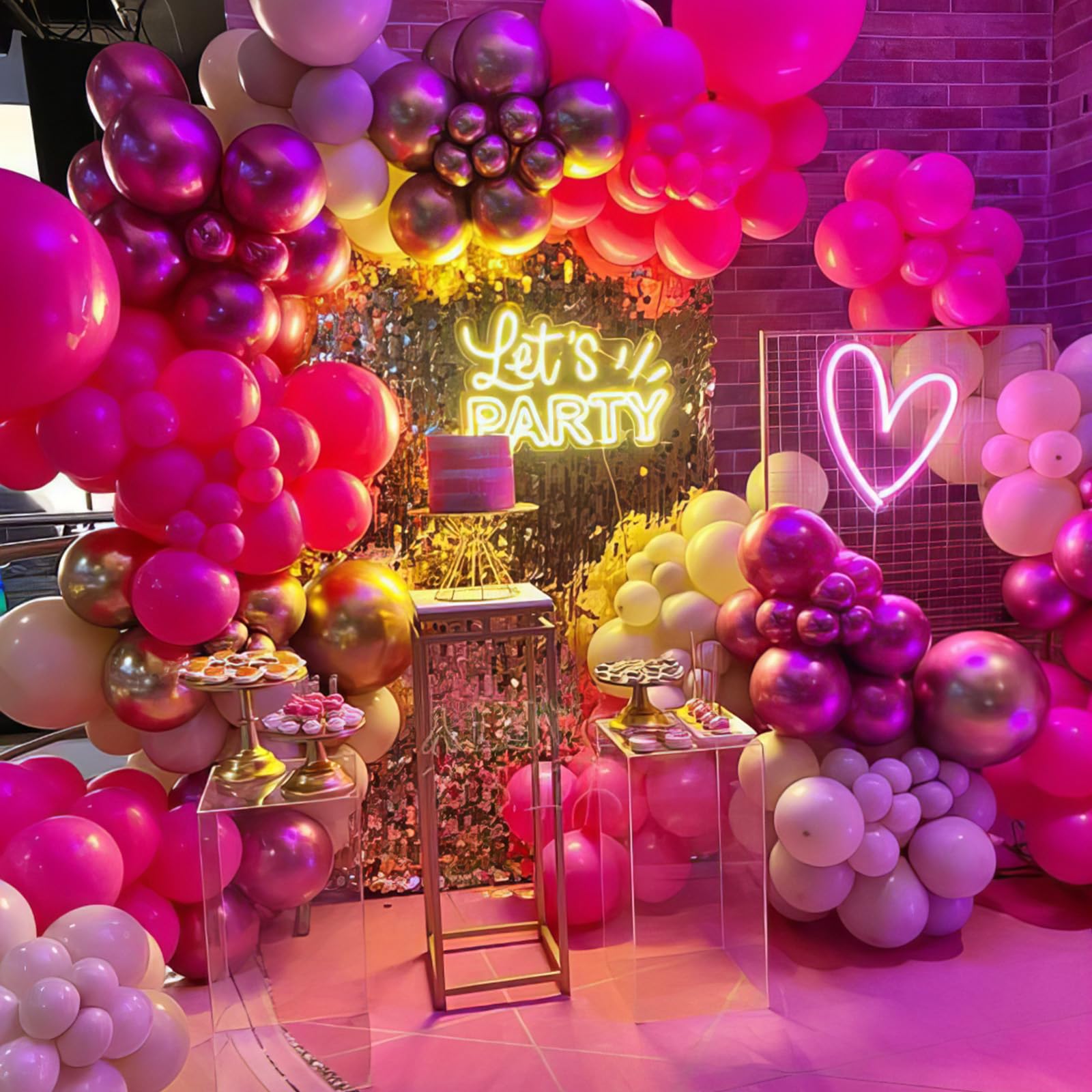 HILAVO Globos de guirnalda rosa, magenta, rosa, metálico, globos para fiestas, globos de látex rosa pastel rosa para niñas y mujeres, cumpleaños, bodas, princesas, baby shower, bayas, fresas