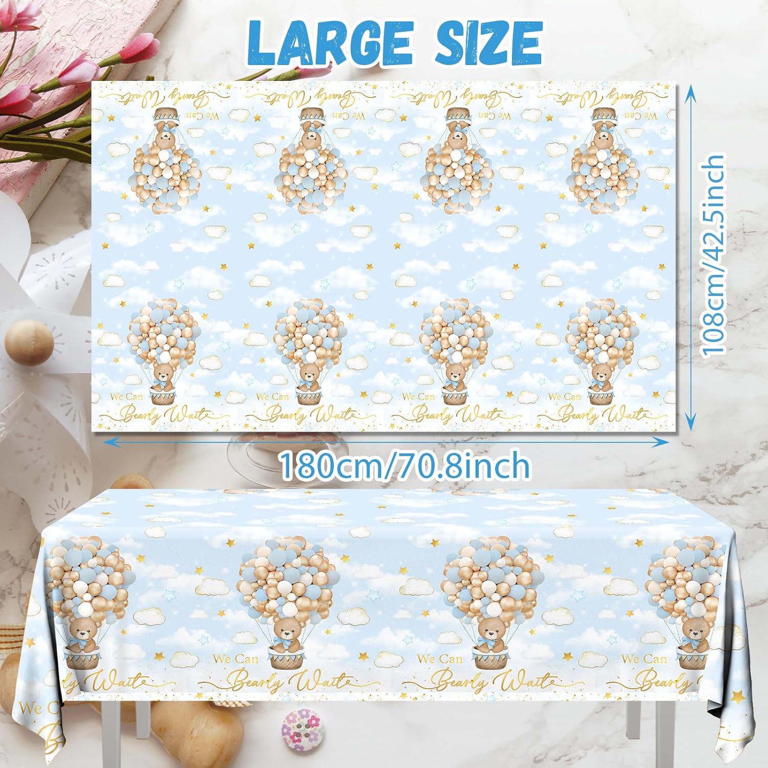 CMUSKO 3Pcs Blue Bear Baby Shower Tablecloth, We Can Barely Wait Baby Shower Decorations Teddy Bear Table Cover for Boys Bear Beraly Wait Party Supplies, 108x180cm