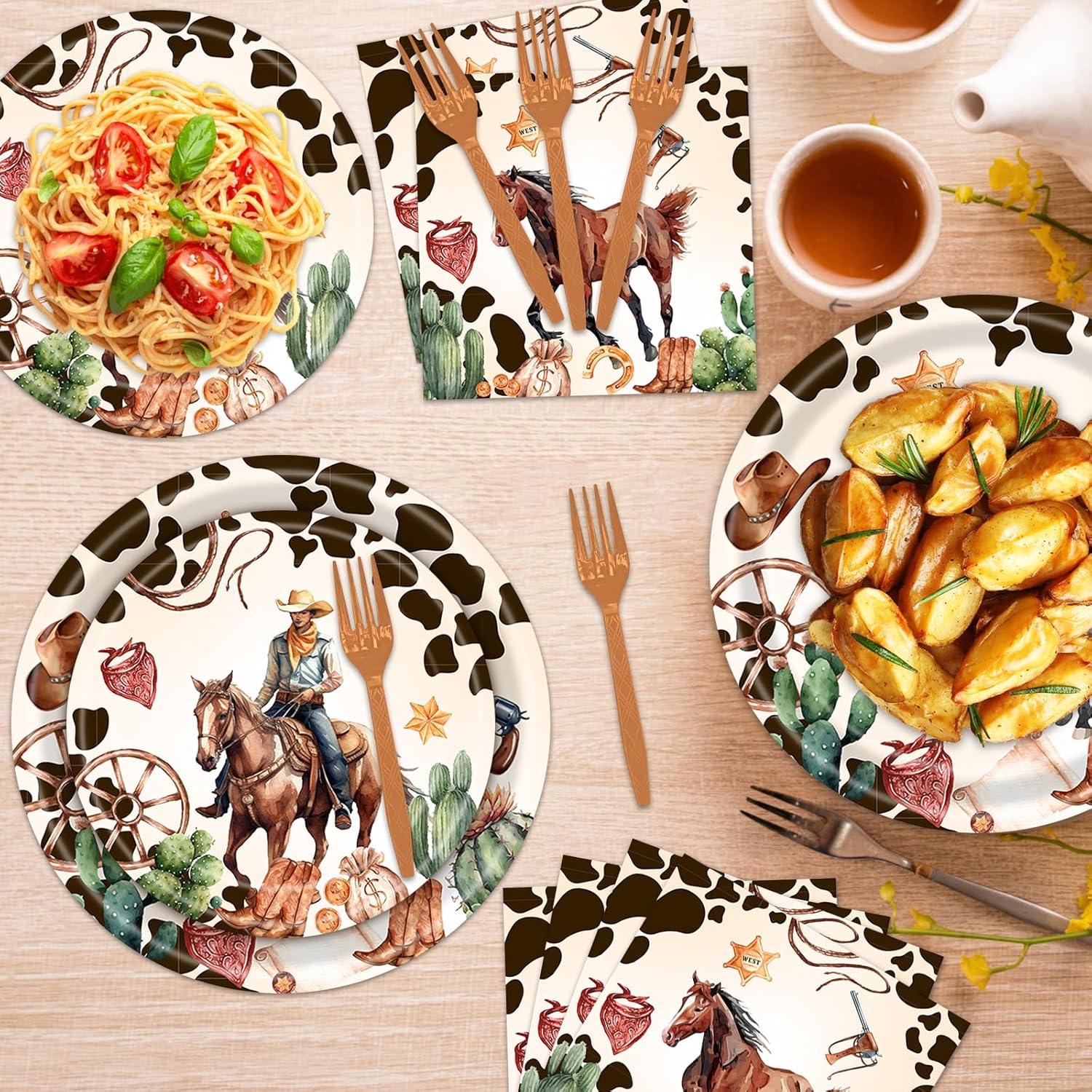 96 PCS Western Theme Cowboy Party Decorations, Disposable Wild West Parties Paper Plates Napkins Forks Set for 24 Guests, Rodeo Horse Party Supplies for Baby Shower Birthday Country Decor - Image 6