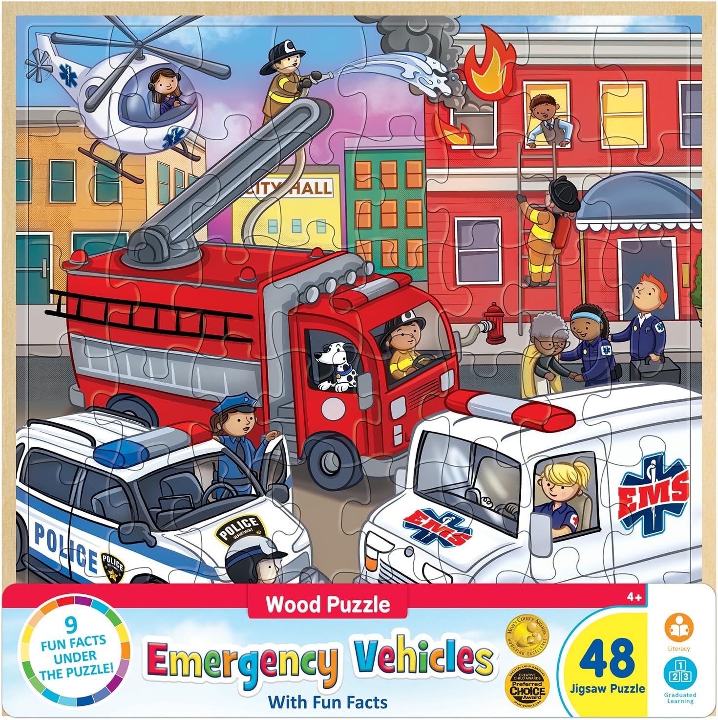 Masterpieces Emergency Vehicles Wood Puzzle - 48 Pc Jigsaw for Adults, Enhances Spatial Awareness & Problem Solving Skills