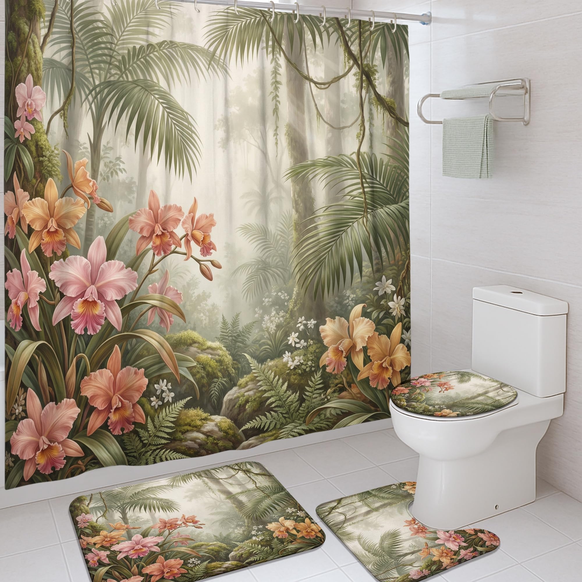 Rideau de douche en toile orchidée et tapis de bain chic vert d'été